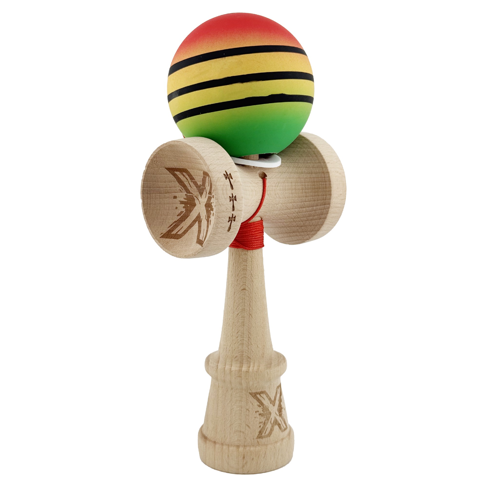 Kendama X Originala, Profesionala, Flippy, Rubber Grip, Cupe Mari KING SIZE V3, Gaura in Baza, Rulment Metalic, din lemn 18 cm, Ata 62/65 cm, Special Rosu/Galben/Verde