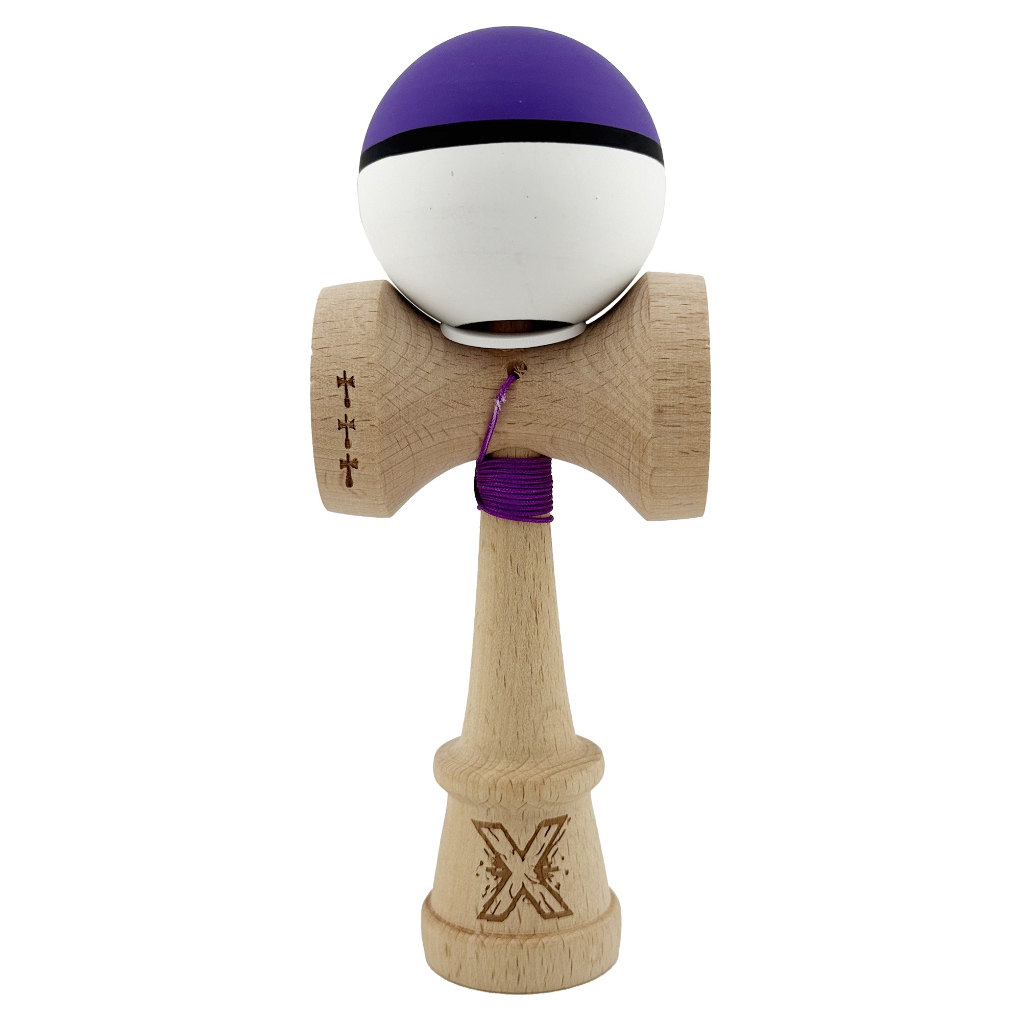 Kendama X Originala, Profesionala, Flippy, Cupe Mari KING SIZE V3, Rubber Grip, Gaura in Baza, Rulment Metalic, din lemn 18 cm, Ata 62/65 cm, S Bicolor Violet/Alb