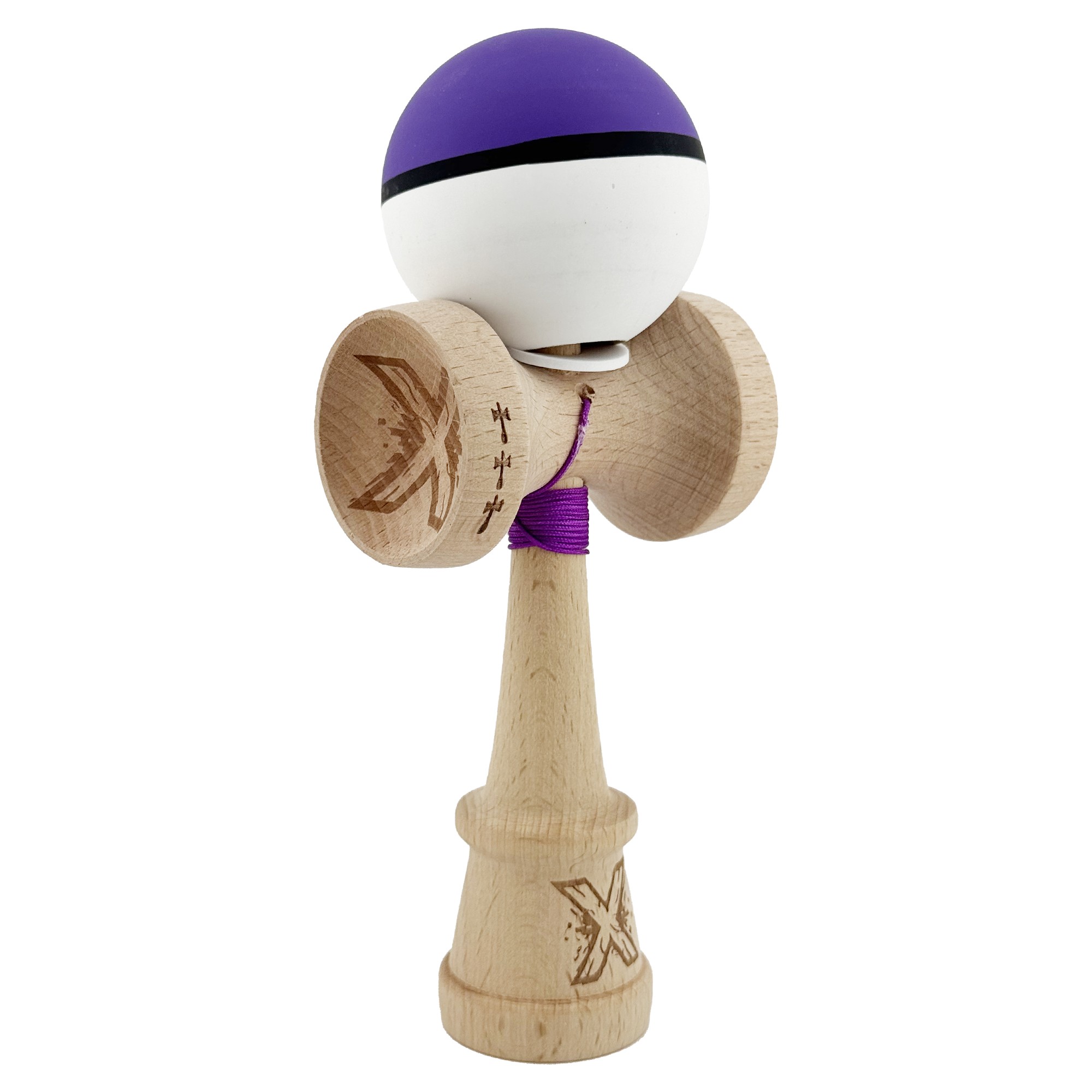 Kendama X Originala, Profesionala, Flippy, Cupe Mari KING SIZE V3, Rubber Grip, Gaura in Baza, Rulment Metalic, din lemn 18 cm, Ata 62/65 cm, S Bicolor Violet/Alb