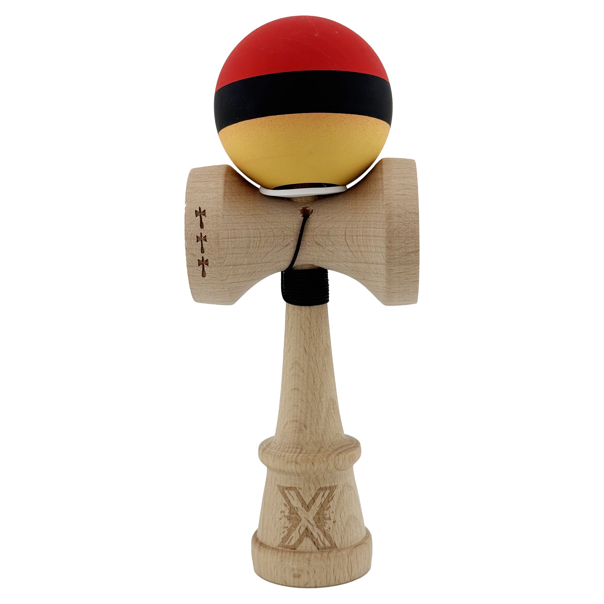 Kendama X Originala, Profesionala, Flippy, Cupe Mari KING SIZE V3, Rubber Grip, Gaura in Baza, Rulment Metalic, din lemn 18 cm, Ata 55 cm, M Rosu/Negru/Galben