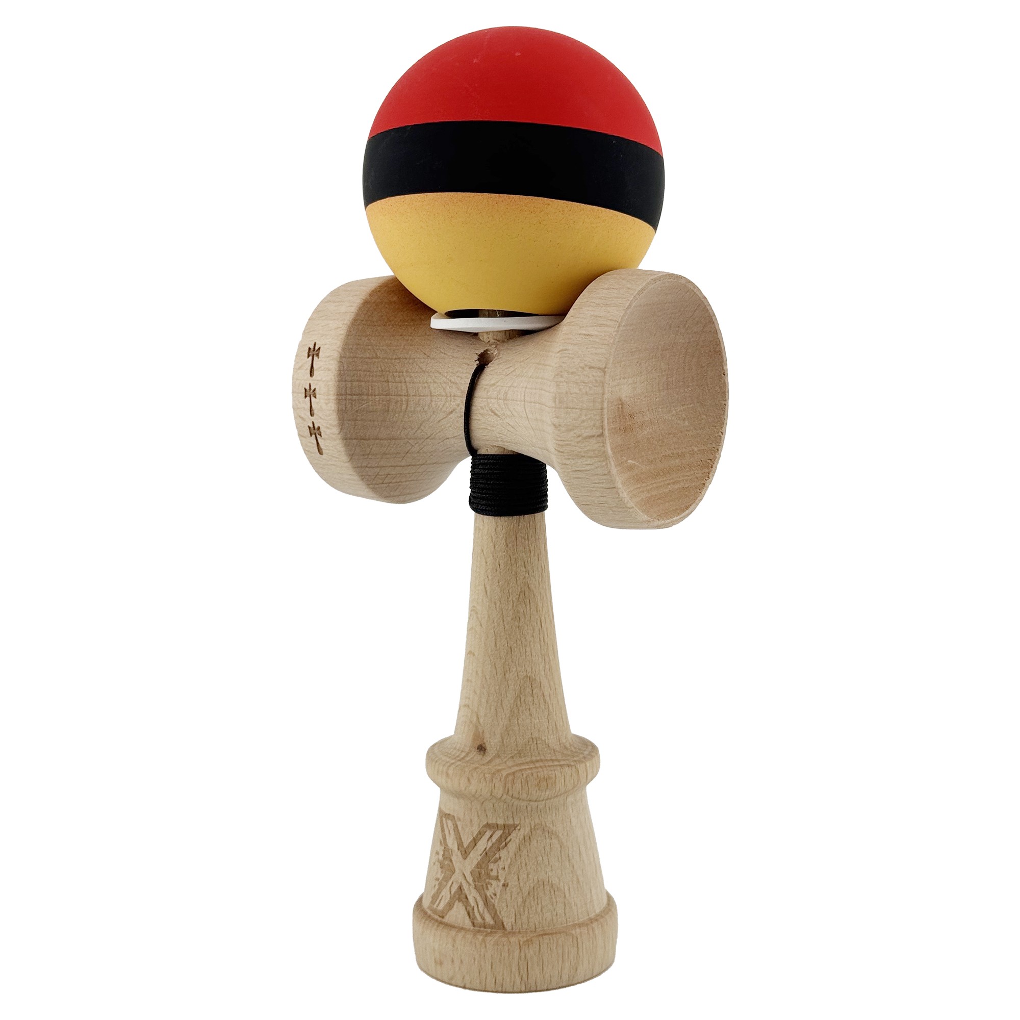 Kendama X Originala, Profesionala, Flippy, Cupe Mari KING SIZE V3, Rubber Grip, Gaura in Baza, Rulment Metalic, din lemn 18 cm, Ata 55 cm, M Rosu/Negru/Galben