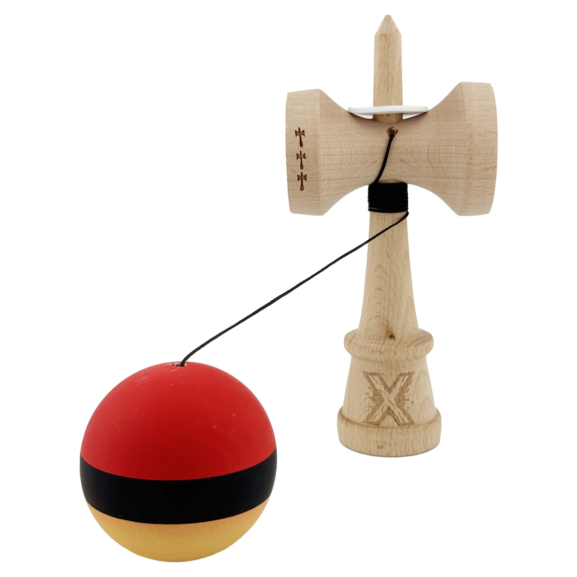 Kendama X Originala, Profesionala, Flippy, Cupe Mari KING SIZE V3, Rubber Grip, Gaura in Baza, Rulment Metalic, din lemn 18 cm, Ata 55 cm, M Rosu/Negru/Galben