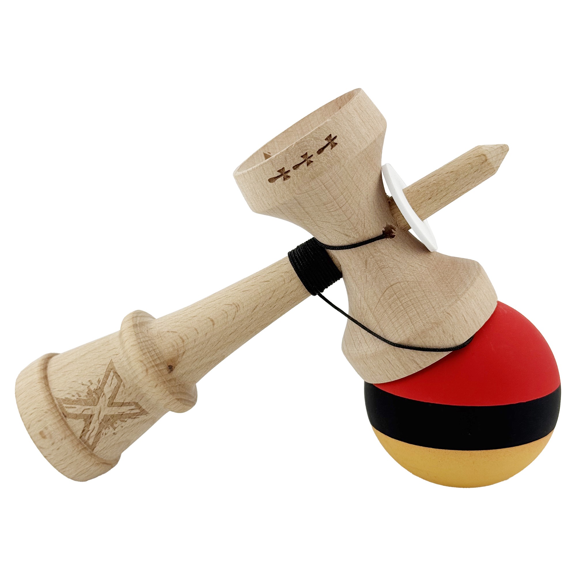 Kendama X Originala, Profesionala, Flippy, Cupe Mari KING SIZE V3, Rubber Grip, Gaura in Baza, Rulment Metalic, din lemn 18 cm, Ata 55 cm, M Rosu/Negru/Galben