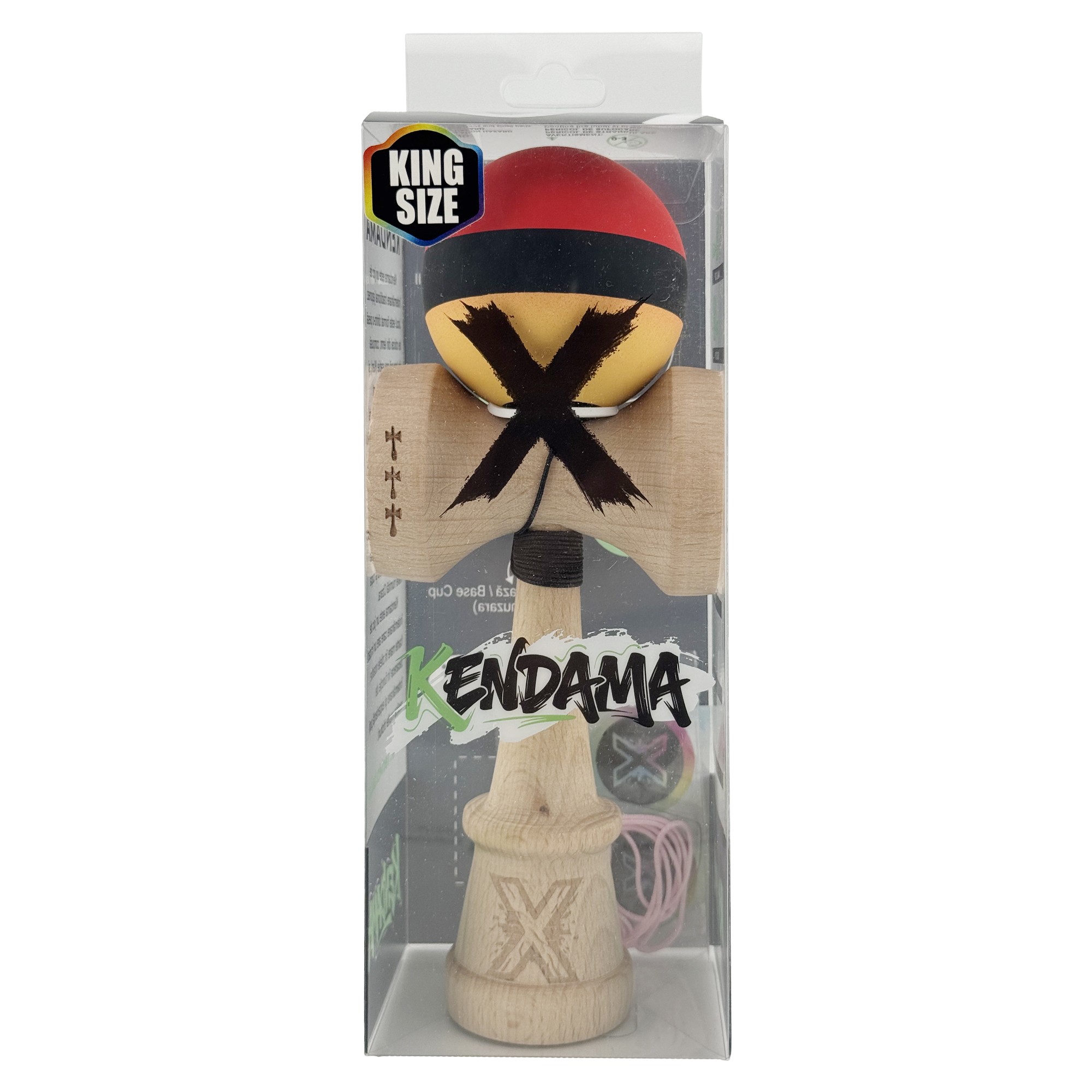 Kendama X Originala, Profesionala, Flippy, Cupe Mari KING SIZE V3, Rubber Grip, Gaura in Baza, Rulment Metalic, din lemn 18 cm, Ata 55 cm, M Rosu/Negru/Galben
