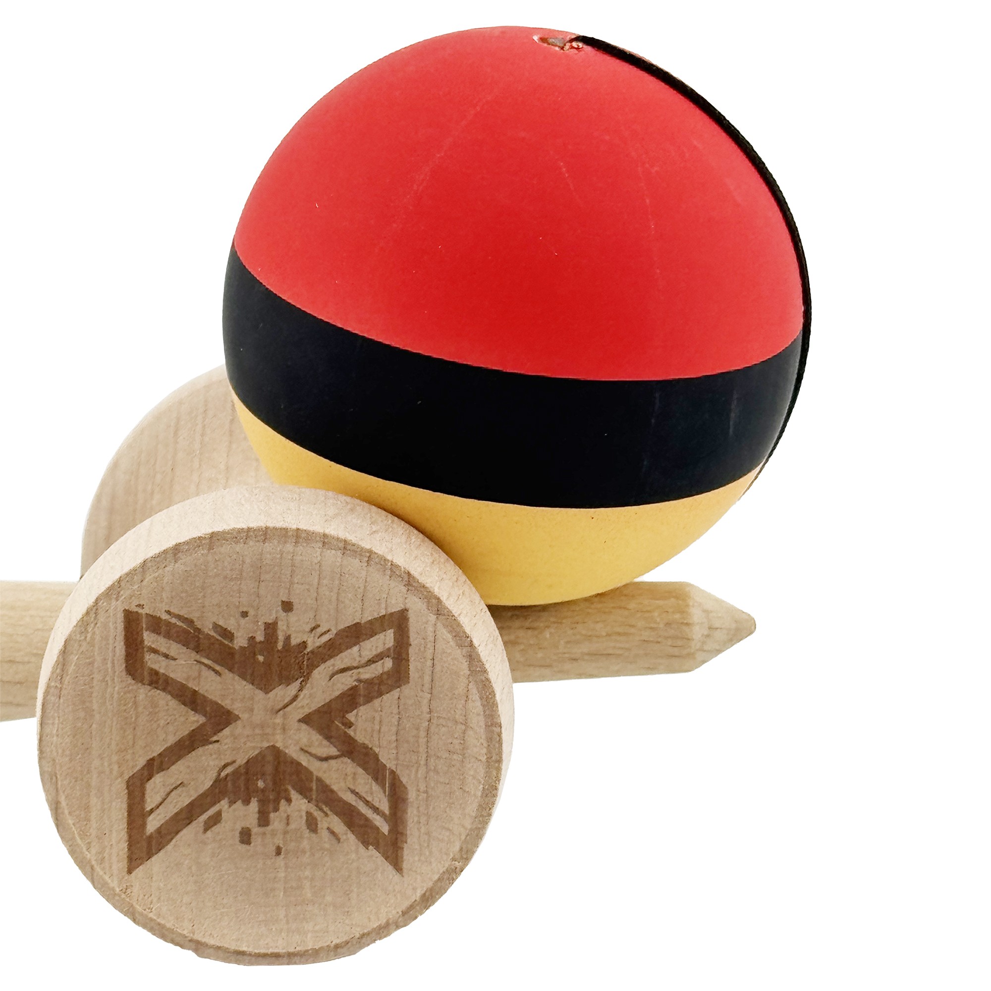 Kendama X Originala, Profesionala, Flippy, Cupe Mari KING SIZE V3, Rubber Grip, Gaura in Baza, Rulment Metalic, din lemn 18 cm, Ata 55 cm, M Rosu/Negru/Galben