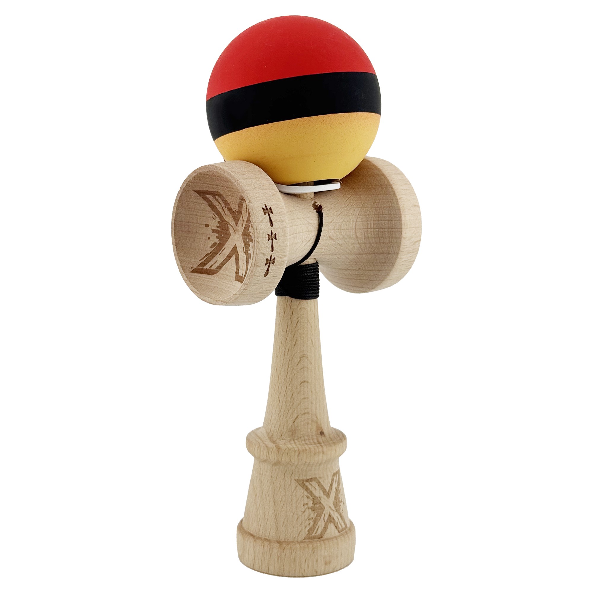 Kendama X Originala, Profesionala, Flippy, Cupe Mari KING SIZE V3, Rubber Grip, Gaura in Baza, Rulment Metalic, din lemn 18 cm, Ata 55 cm, M Rosu/Negru/Galben