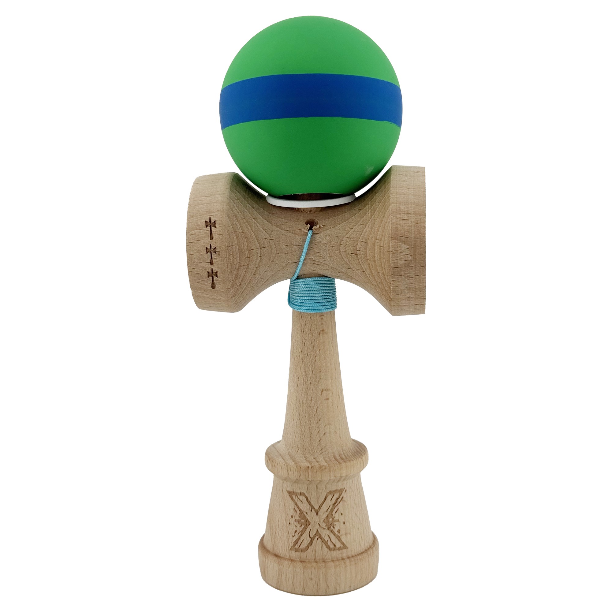 Kendama X Originala, Profesionala, Flippy, Cupe Mari KING SIZE V3, Rubber Grip, Gaura in Baza, Rulment Metalic, din lemn 18 cm, Ata 62/65 cm, M Verde/Albastru/Verde