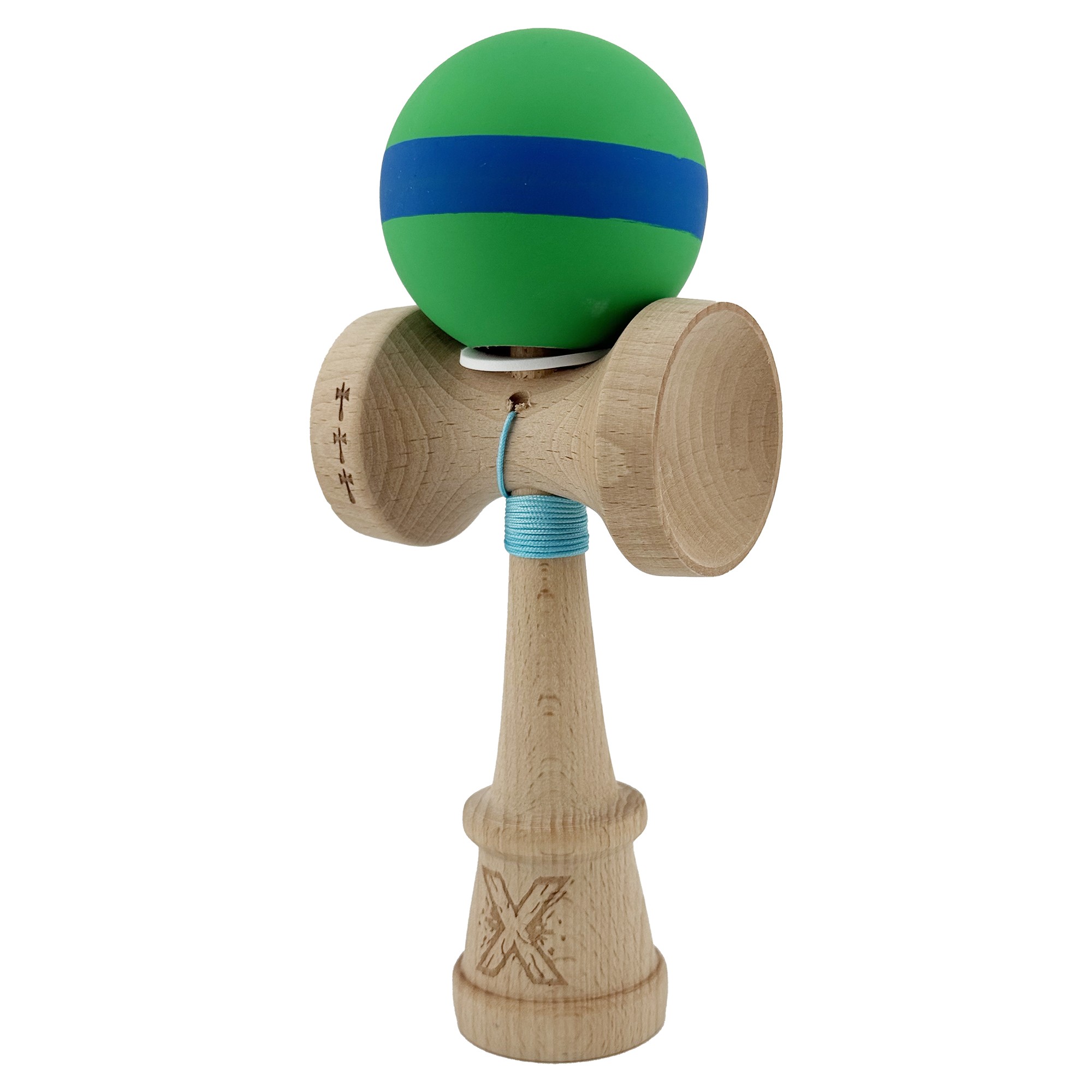 Kendama X Originala, Profesionala, Flippy, Cupe Mari KING SIZE V3, Rubber Grip, Gaura in Baza, Rulment Metalic, din lemn 18 cm, Ata 62/65 cm, M Verde/Albastru/Verde