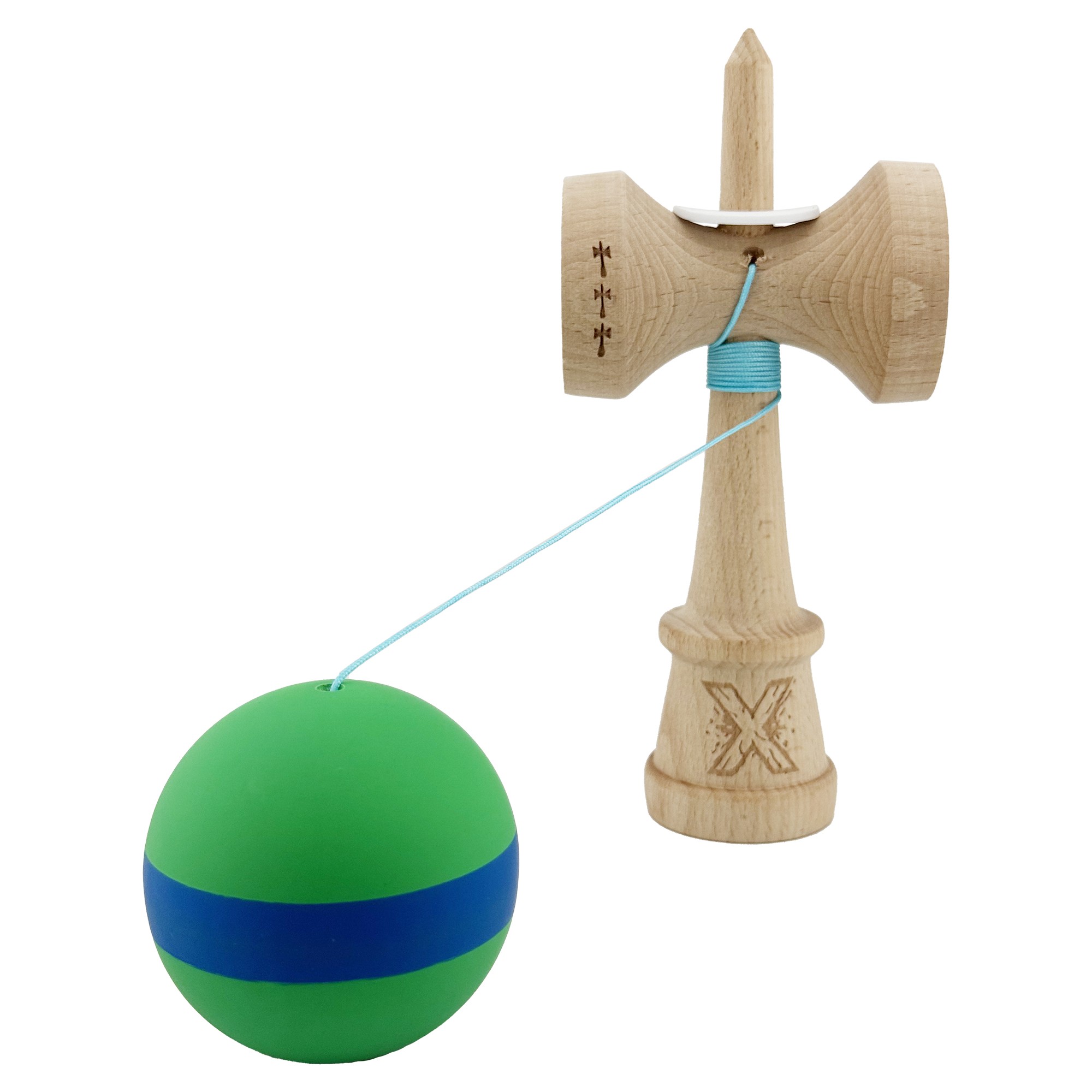 Kendama X Originala, Profesionala, Flippy, Cupe Mari KING SIZE V3, Rubber Grip, Gaura in Baza, Rulment Metalic, din lemn 18 cm, Ata 62/65 cm, M Verde/Albastru/Verde