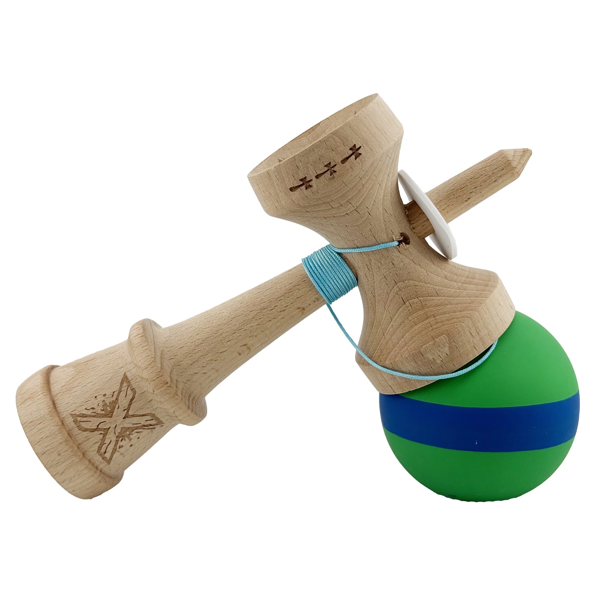 Kendama X Originala, Profesionala, Flippy, Cupe Mari KING SIZE V3, Rubber Grip, Gaura in Baza, Rulment Metalic, din lemn 18 cm, Ata 62/65 cm, M Verde/Albastru/Verde