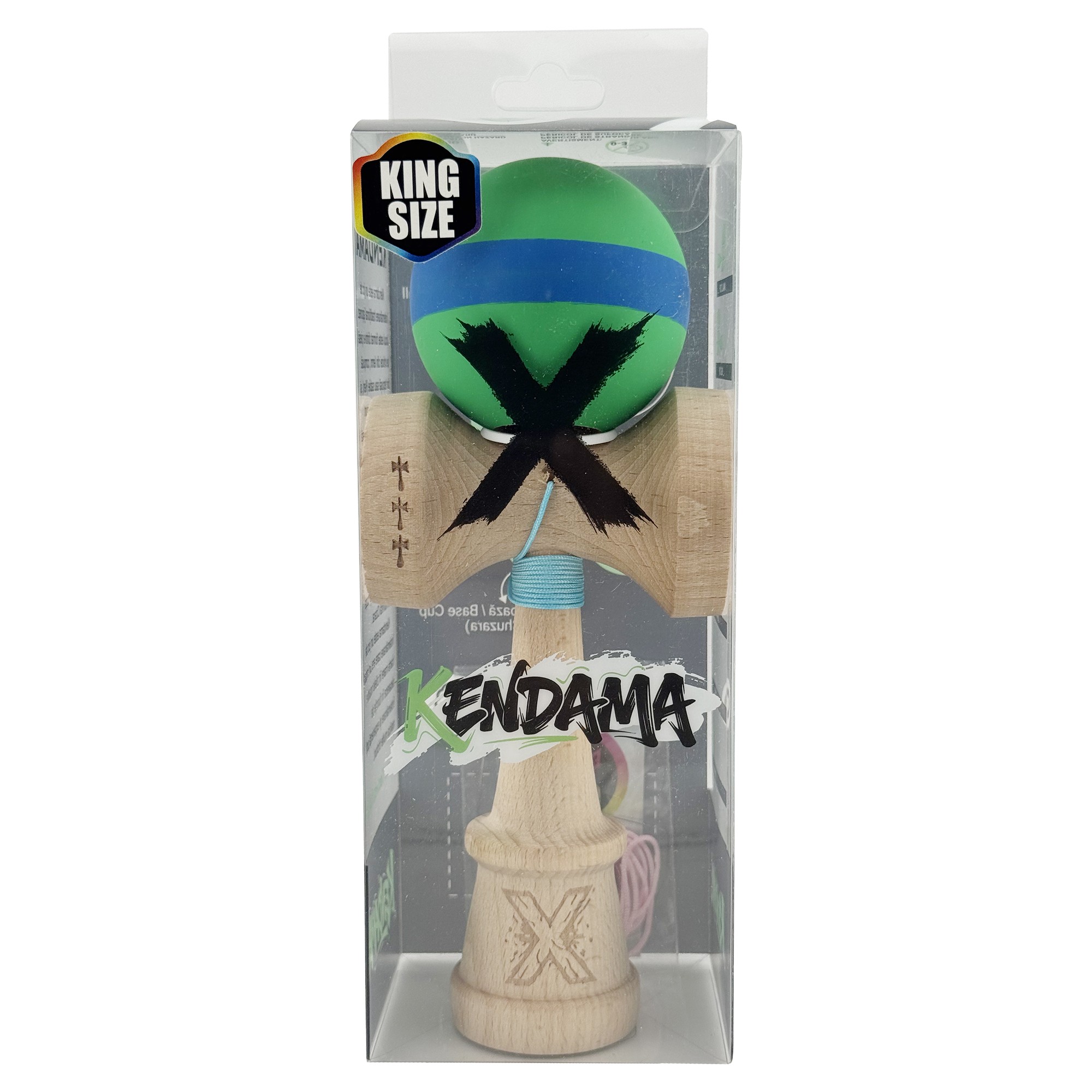 Kendama X Originala, Profesionala, Flippy, Cupe Mari KING SIZE V3, Rubber Grip, Gaura in Baza, Rulment Metalic, din lemn 18 cm, Ata 62/65 cm, M Verde/Albastru/Verde
