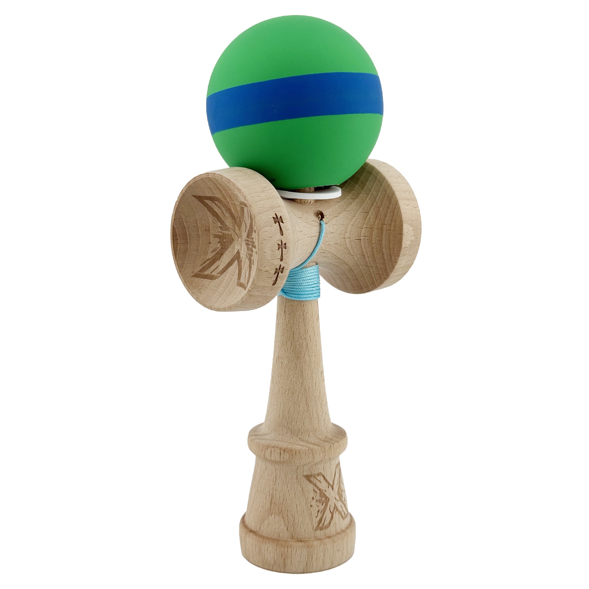 Kendama X Originala, Profesionala, Flippy, Cupe Mari KING SIZE V3, Rubber Grip, Gaura in Baza, Rulment Metalic, din lemn 18 cm, Ata 62/65 cm, M Verde/Albastru/Verde