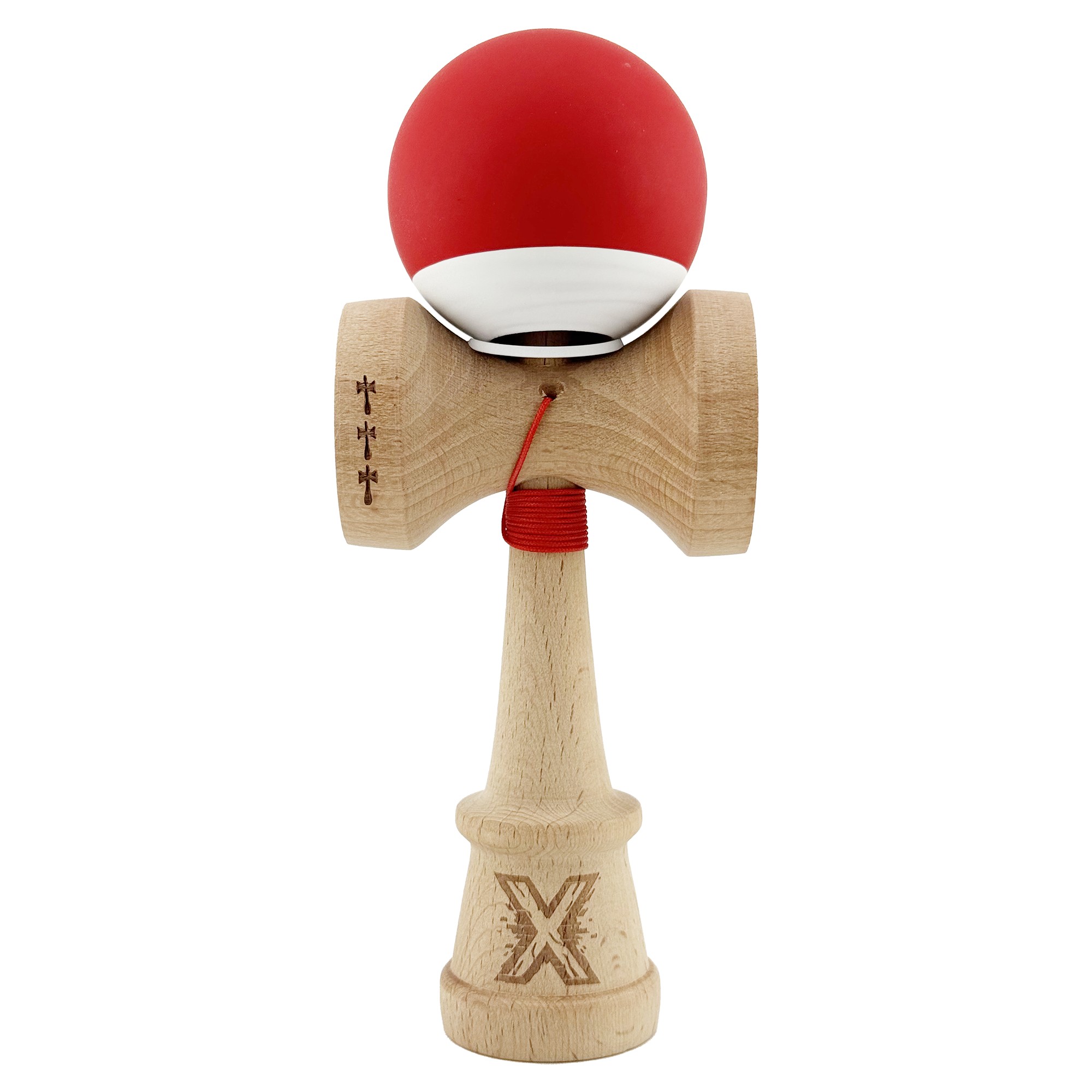 Kendama X Originala, Profesionala, Flippy, Rubber Grip, Cupe Mari KING SIZE V3, Gaura in Baza, Rulment Metalic, din lemn 18 cm, Ata 62/65 cm, Bicolor Rosu/Alb