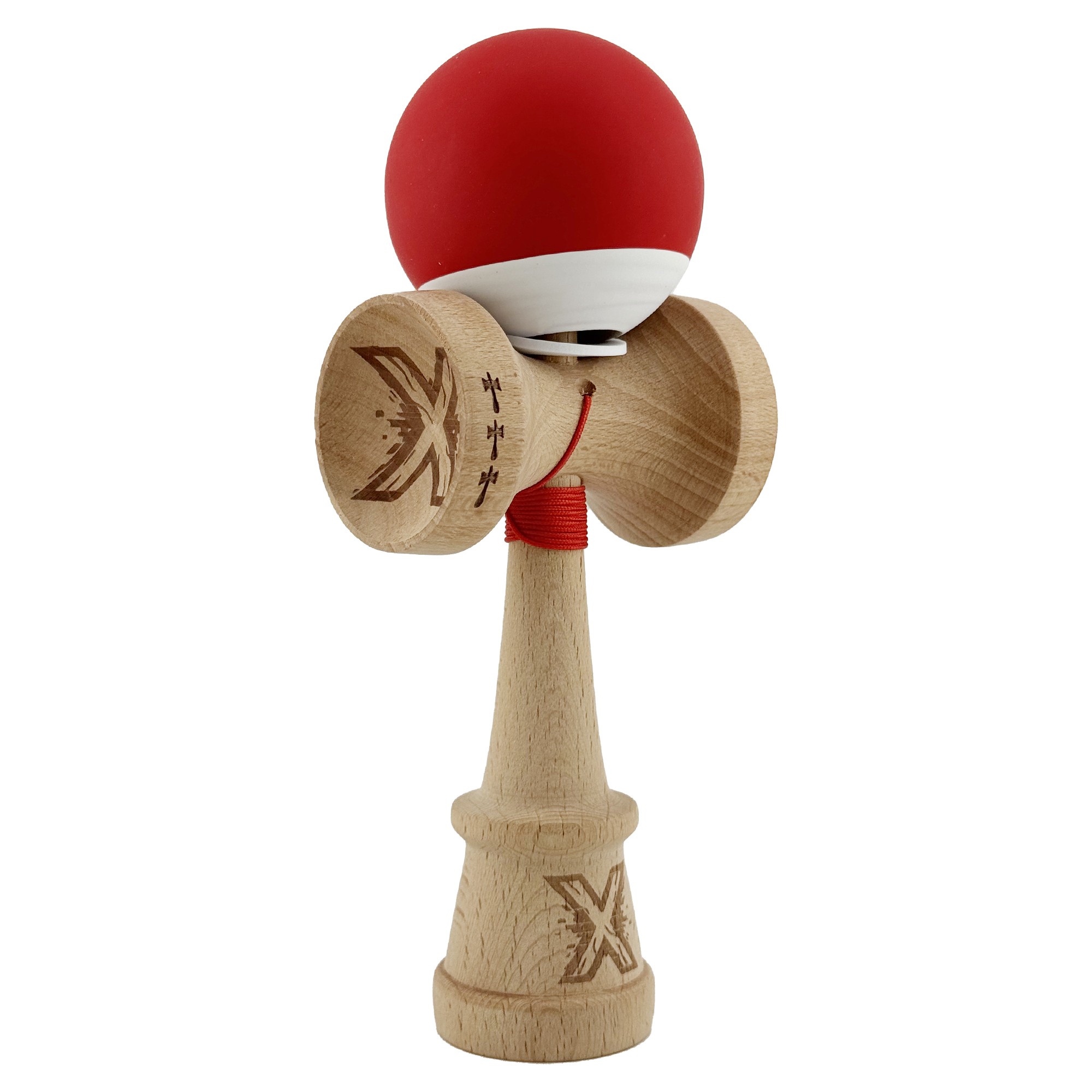 Kendama X Originala, Profesionala, Flippy, Rubber Grip, Cupe Mari KING SIZE V3, Gaura in Baza, Rulment Metalic, din lemn 18 cm, Ata 62/65 cm, Bicolor Rosu/Alb
