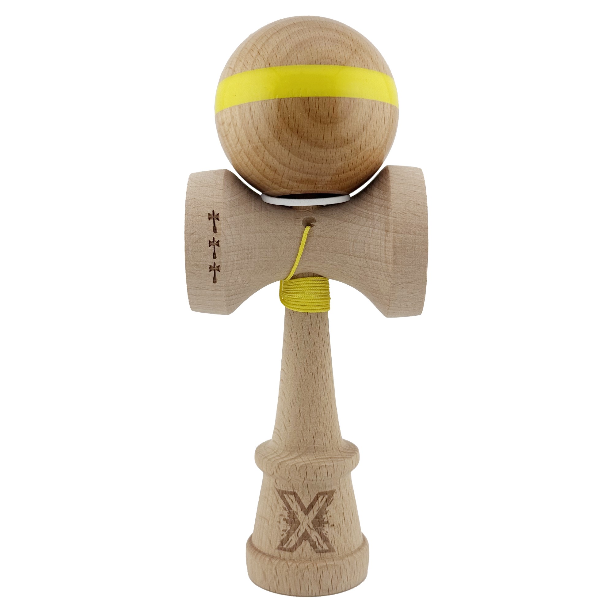 Kendama X Originala, Profesionala, Flippy, Super Sticky, Cupe Mari KING SIZE V3, Gaura in Baza, Rulment Metalic, din lemn 18 cm, Ata 55 cm, Original Galben