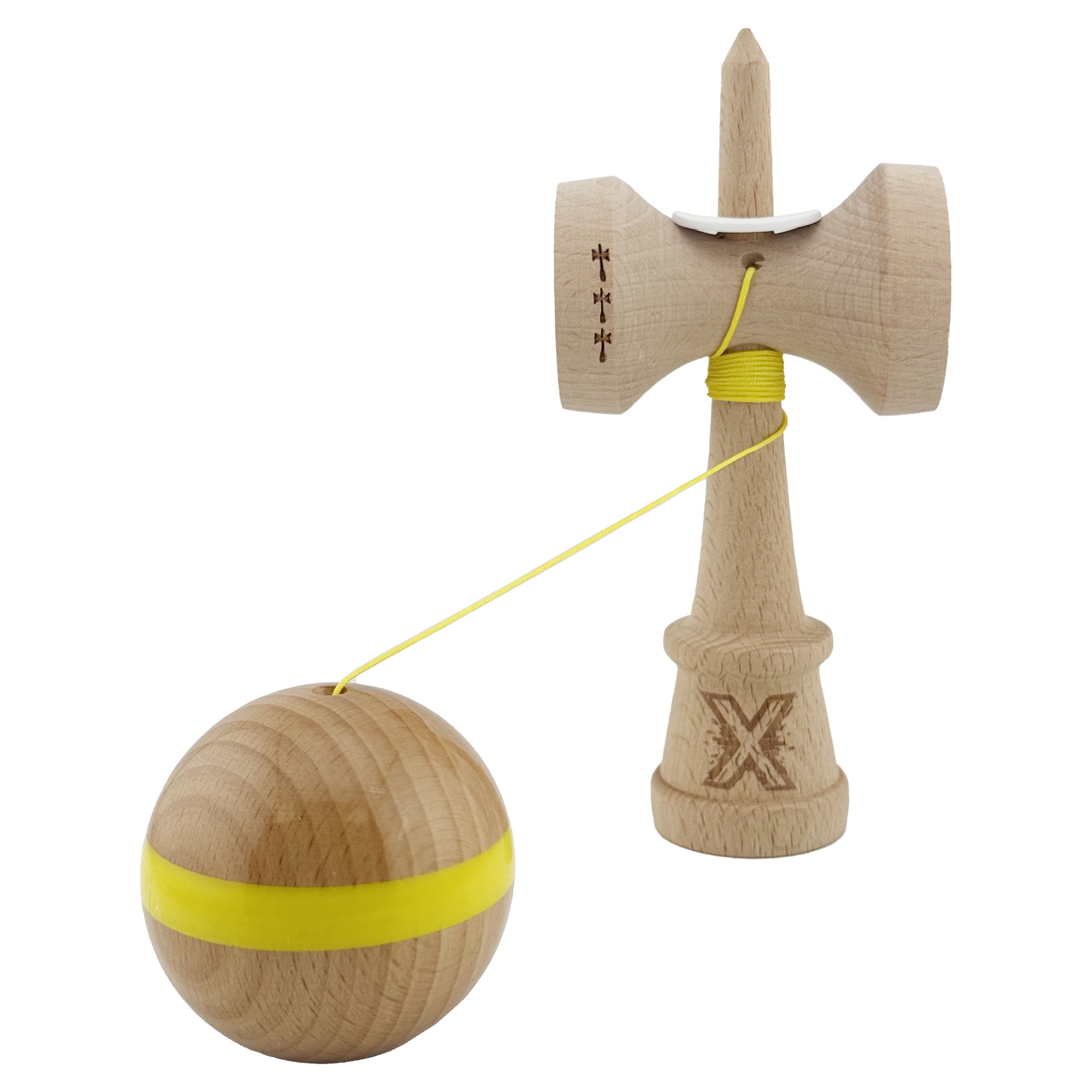 Kendama X Originala, Profesionala, Flippy, Super Sticky, Cupe Mari KING SIZE V3, Gaura in Baza, Rulment Metalic, din lemn 18 cm, Ata 55 cm, Original Galben