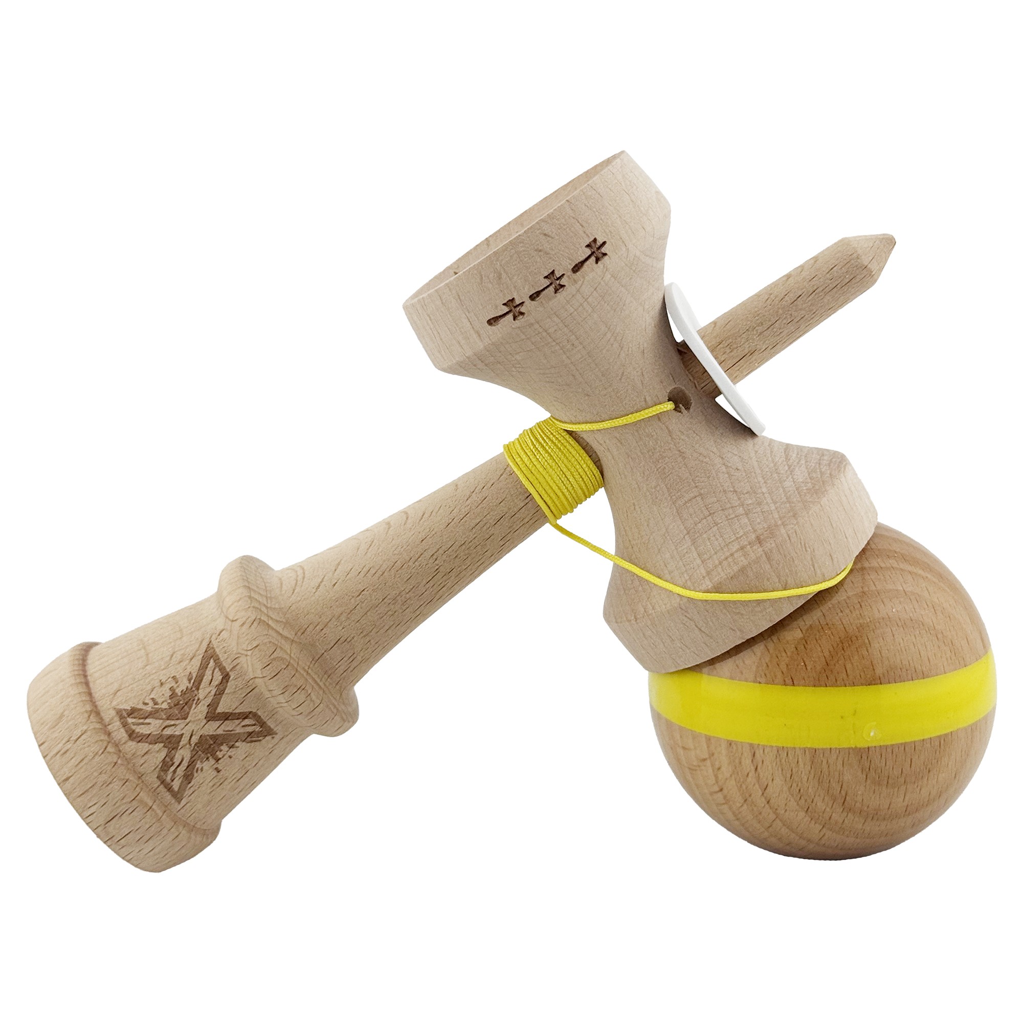 Kendama X Originala, Profesionala, Flippy, Super Sticky, Cupe Mari KING SIZE V3, Gaura in Baza, Rulment Metalic, din lemn 18 cm, Ata 55 cm, Original Galben