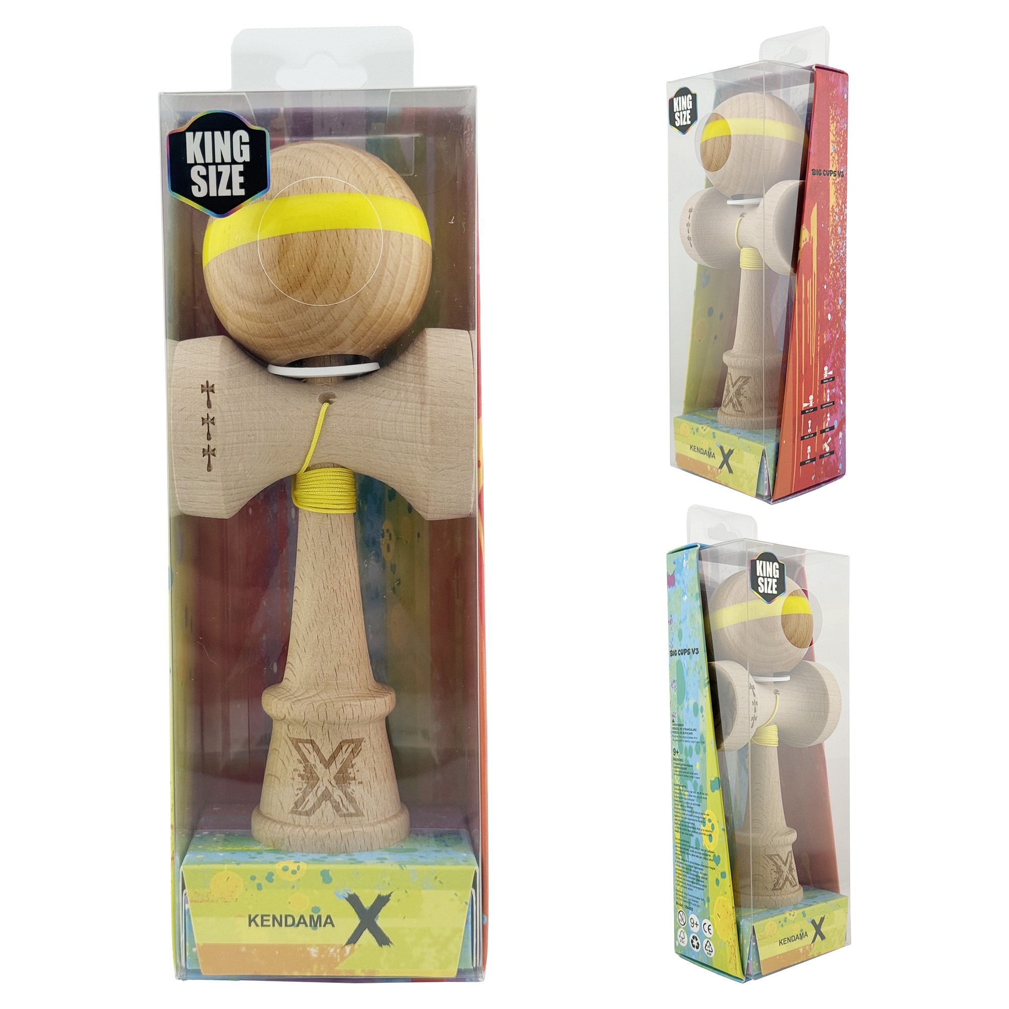 Kendama X Originala, Profesionala, Flippy, Super Sticky, Cupe Mari KING SIZE V3, Gaura in Baza, Rulment Metalic, din lemn 18 cm, Ata 55 cm, Original Galben