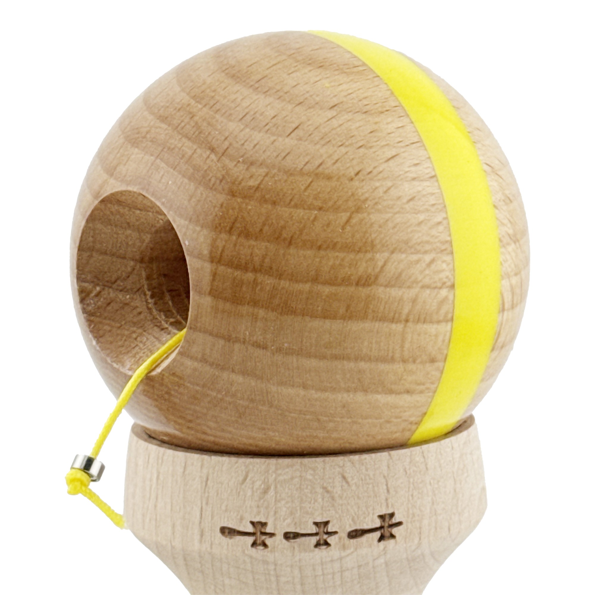 Kendama X Originala, Profesionala, Flippy, Super Sticky, Cupe Mari KING SIZE V3, Gaura in Baza, Rulment Metalic, din lemn 18 cm, Ata 55 cm, Original Galben