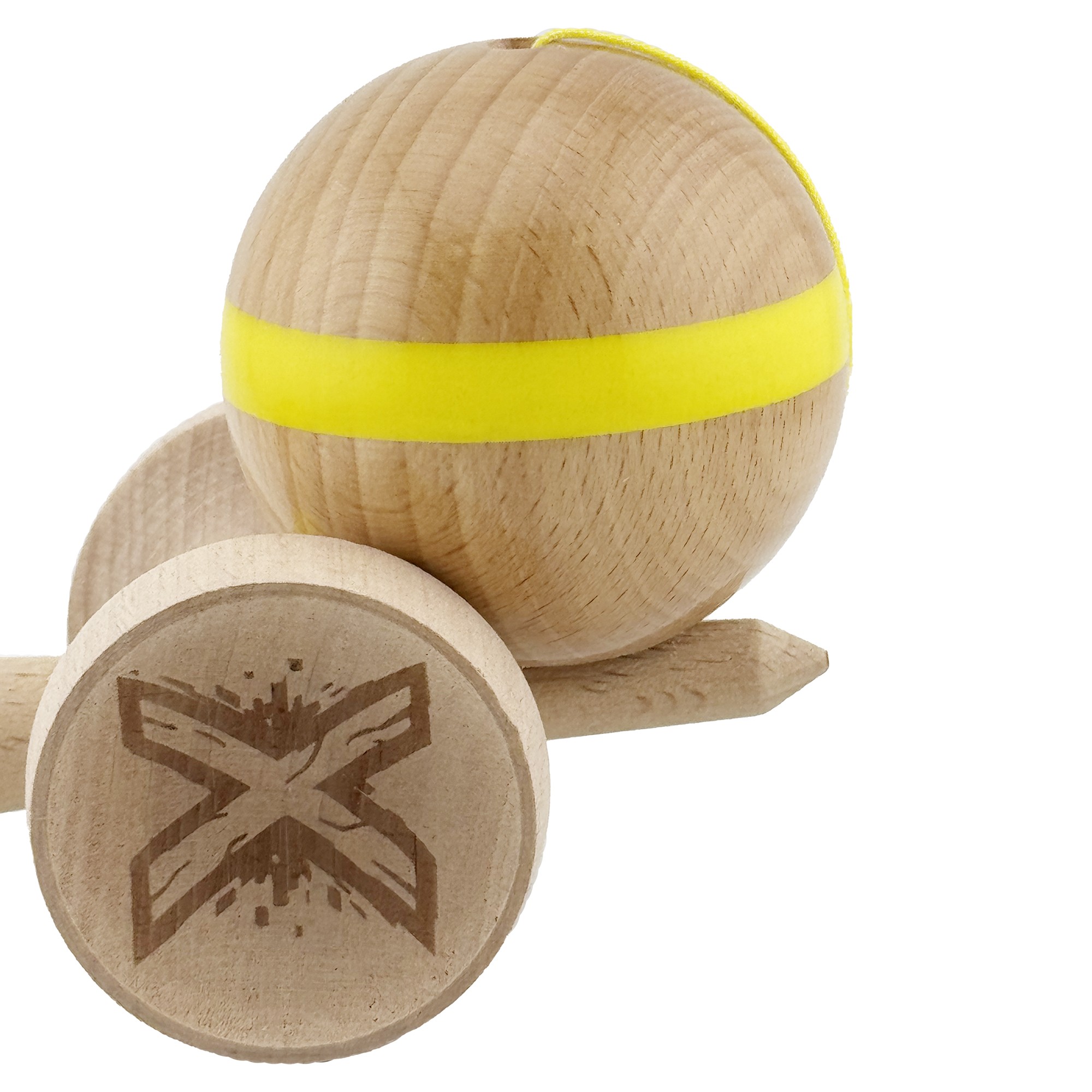Kendama X Originala, Profesionala, Flippy, Super Sticky, Cupe Mari KING SIZE V3, Gaura in Baza, Rulment Metalic, din lemn 18 cm, Ata 55 cm, Original Galben