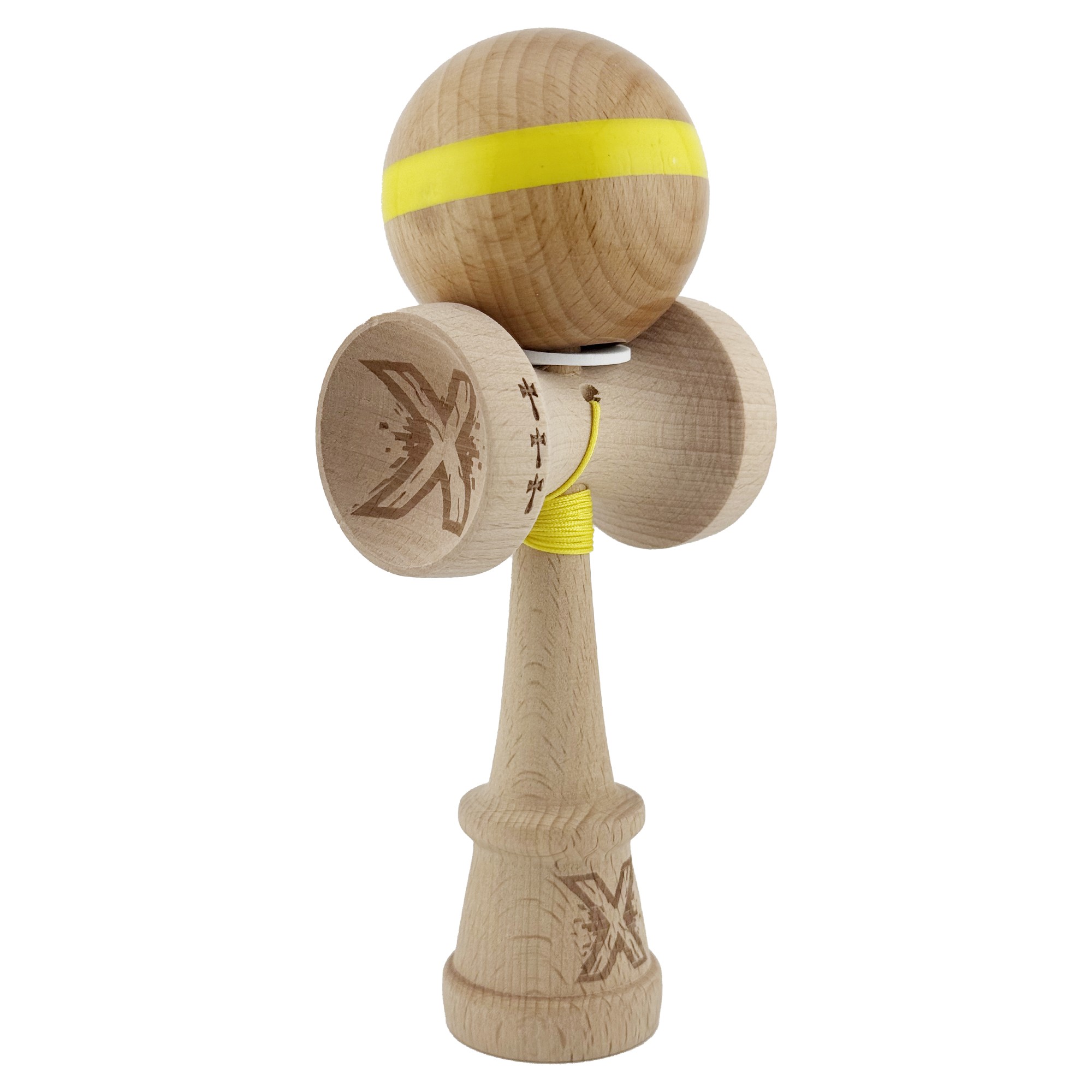Kendama X Originala, Profesionala, Flippy, Super Sticky, Cupe Mari KING SIZE V3, Gaura in Baza, Rulment Metalic, din lemn 18 cm, Ata 55 cm, Original Galben