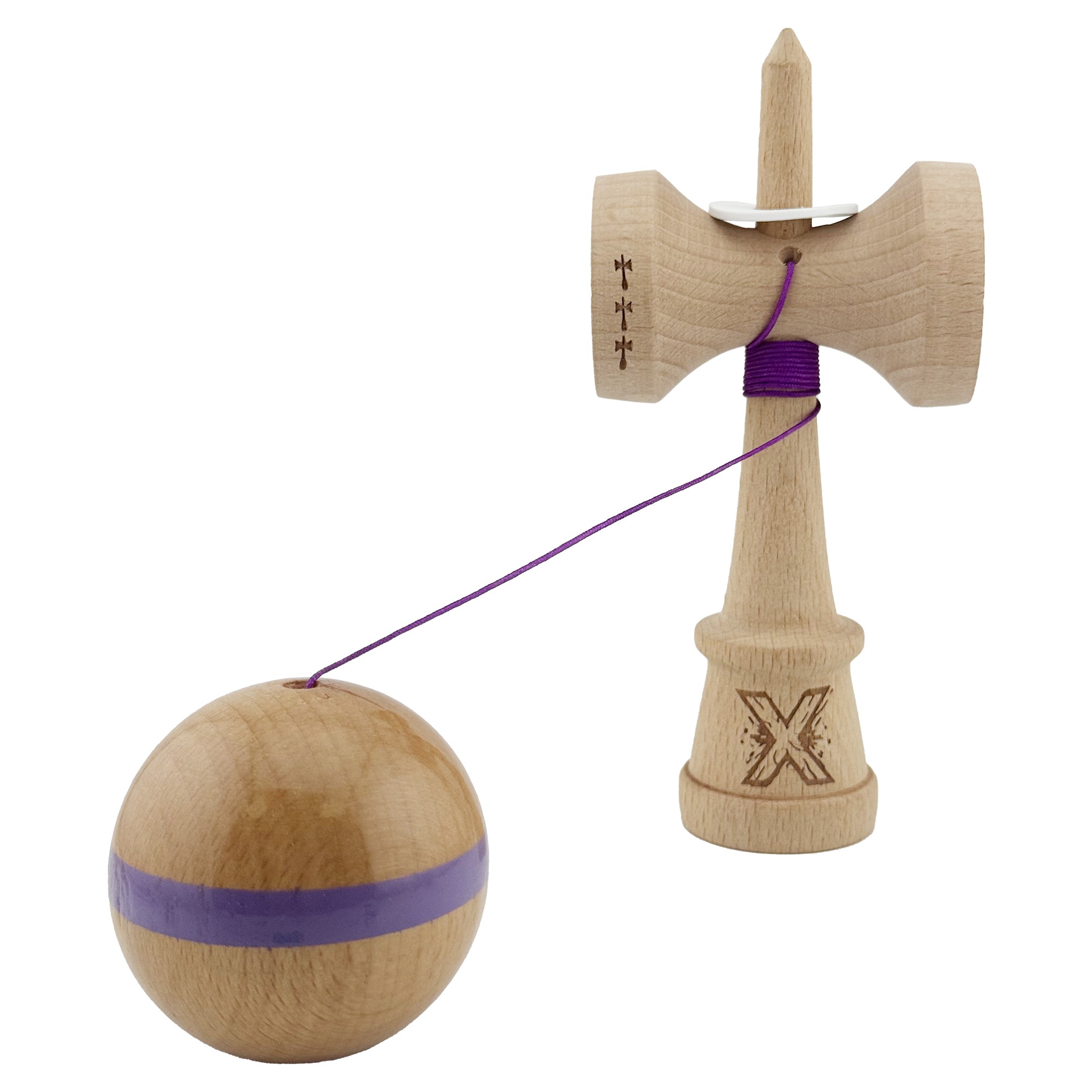 Kendama X Originala, Profesionala, Flippy, Super Sticky, Cupe Mari KING SIZE V3, Gaura in Baza, Rulment Metalic, din lemn 18 cm, Ata 55 cm, Original Mov
