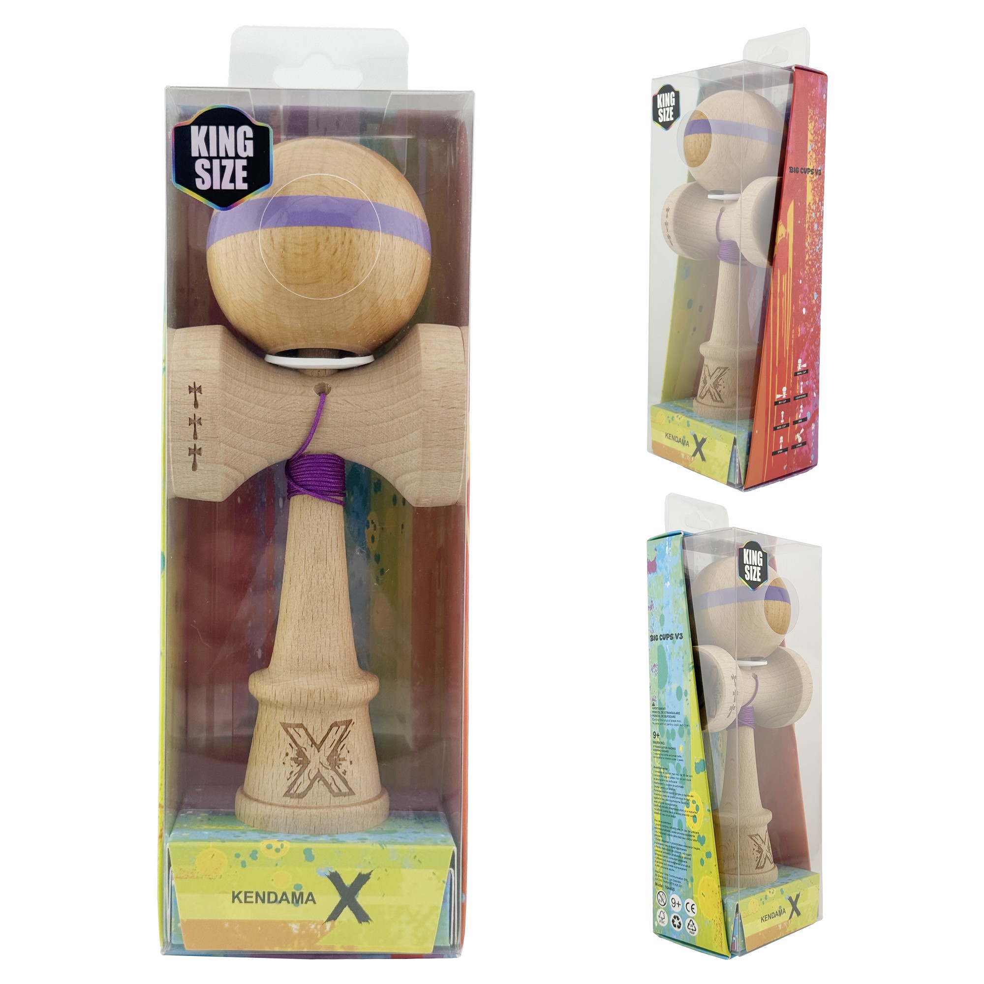 Kendama X Originala, Profesionala, Flippy, Super Sticky, Cupe Mari KING SIZE V3, Gaura in Baza, Rulment Metalic, din lemn 18 cm, Ata 55 cm, Original Mov