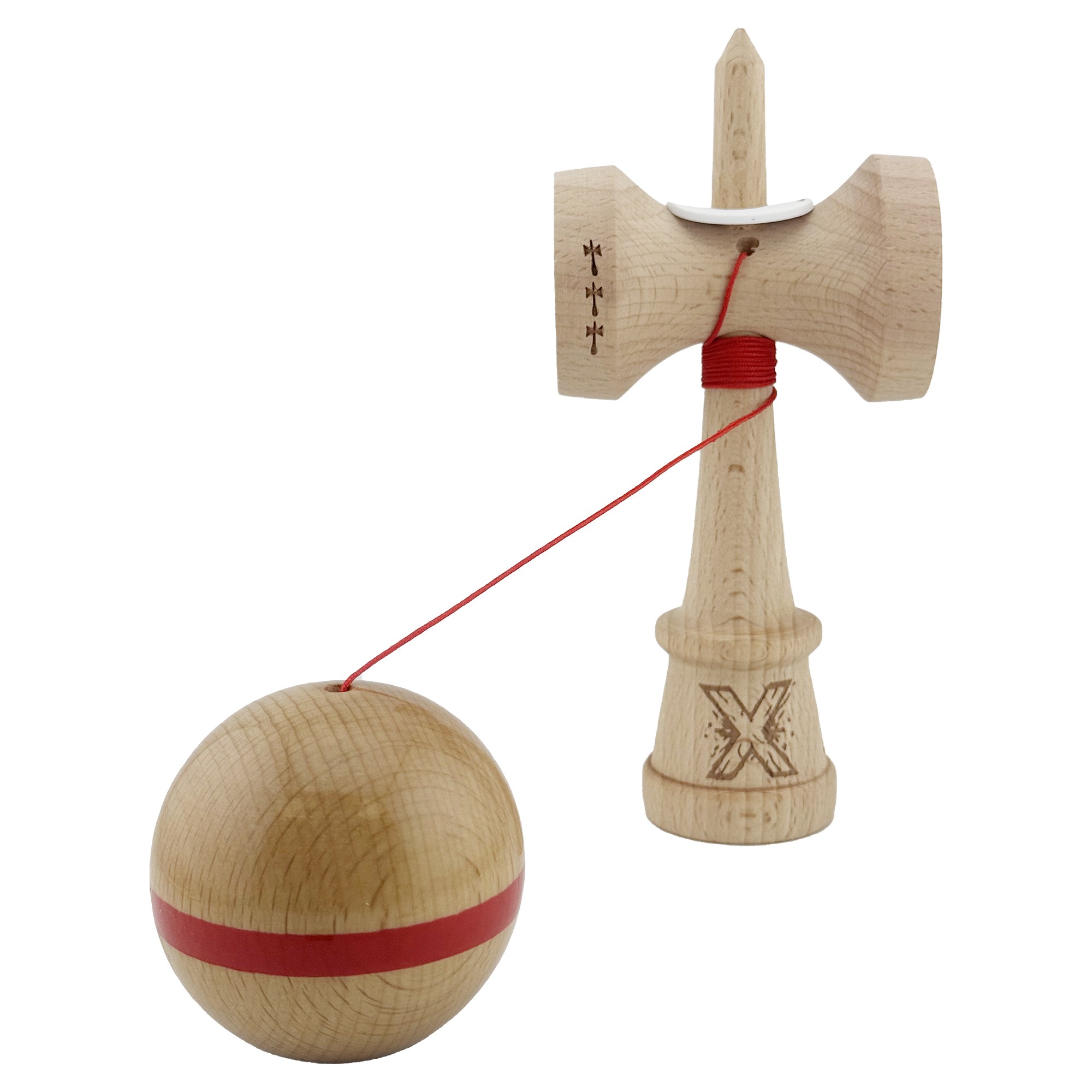 Kendama X Originala, Profesionala, Flippy, Super Sticky, Cupe Mari KING SIZE V3, Gaura in Baza, Rulment Metalic, din lemn 18 cm, Ata 55 cm, Original Rosu