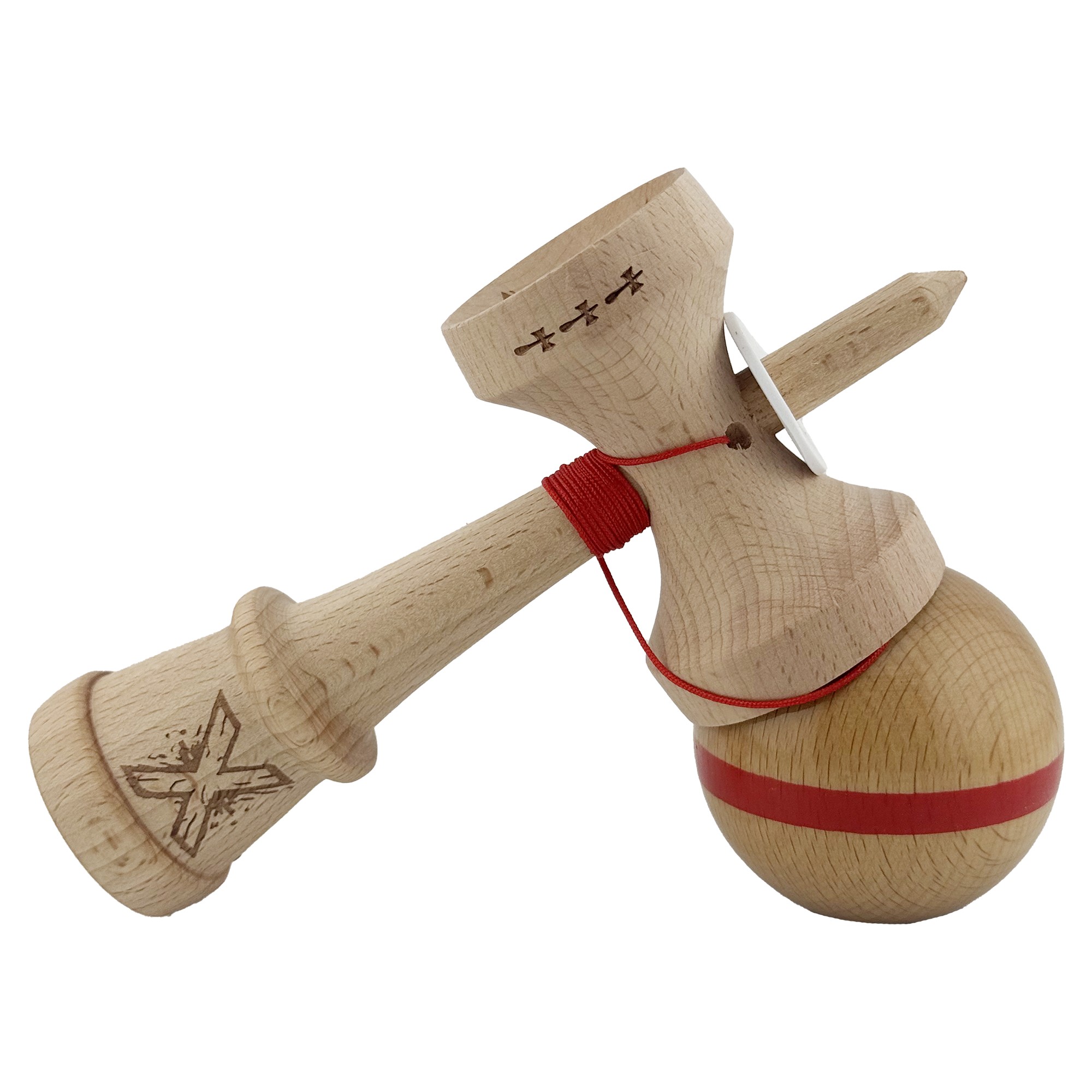 Kendama X Originala, Profesionala, Flippy, Super Sticky, Cupe Mari KING SIZE V3, Gaura in Baza, Rulment Metalic, din lemn 18 cm, Ata 55 cm, Original Rosu
