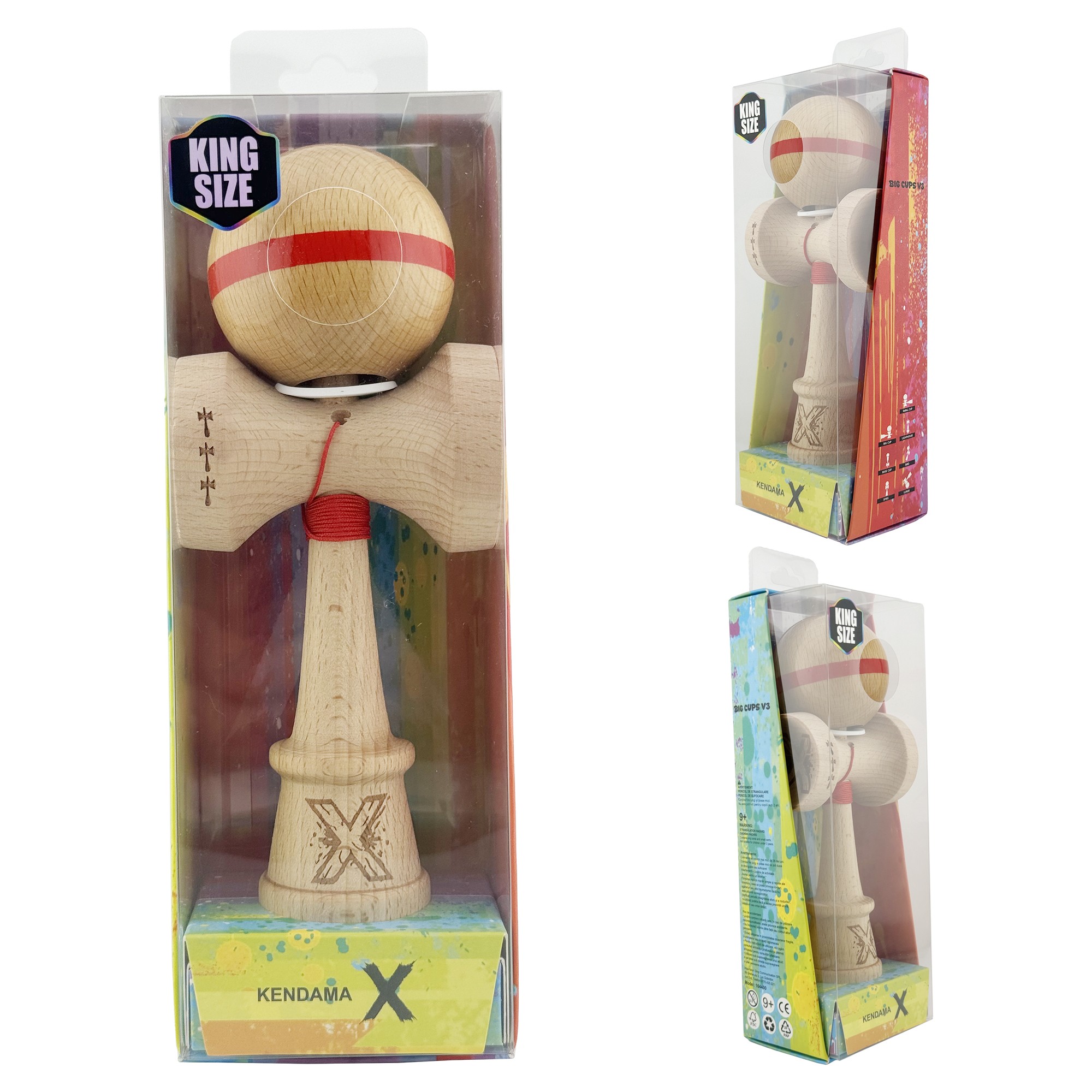 Kendama X Originala, Profesionala, Flippy, Super Sticky, Cupe Mari KING SIZE V3, Gaura in Baza, Rulment Metalic, din lemn 18 cm, Ata 55 cm, Original Rosu