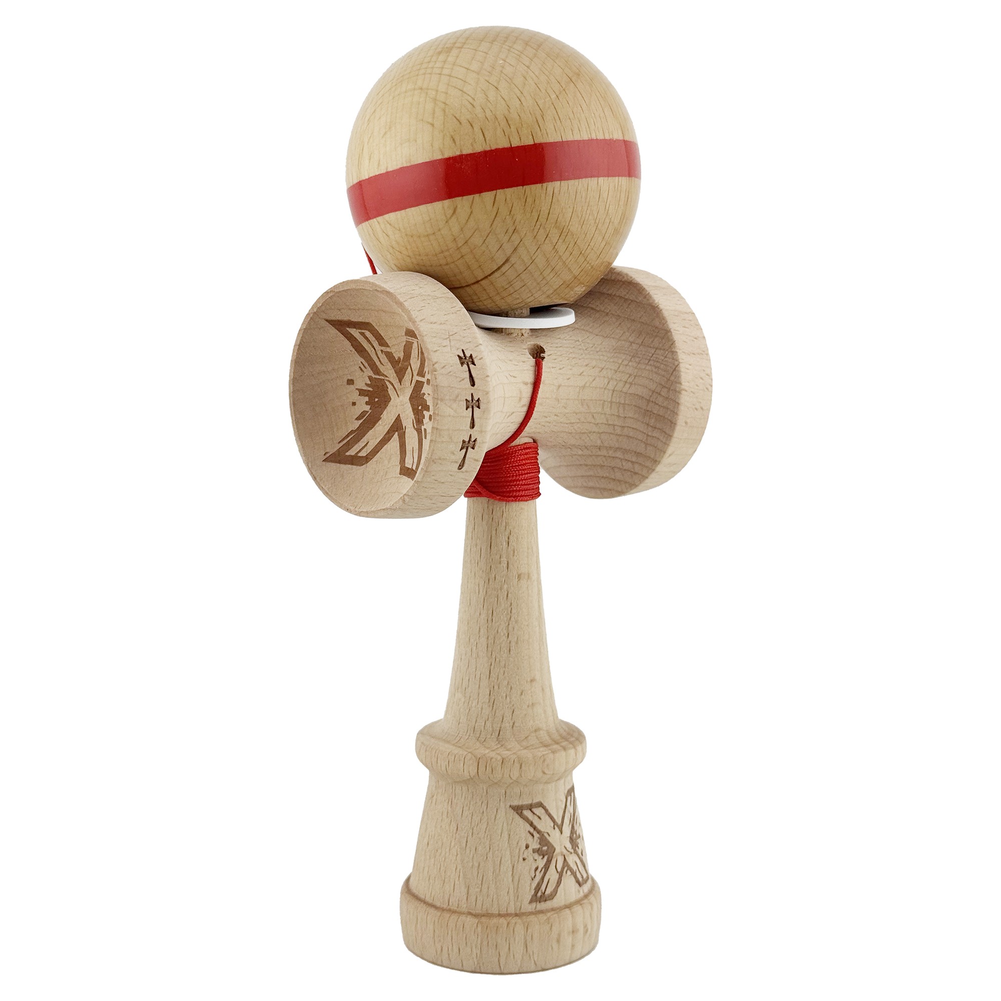 Kendama X Originala, Profesionala, Flippy, Super Sticky, Cupe Mari KING SIZE V3, Gaura in Baza, Rulment Metalic, din lemn 18 cm, Ata 55 cm, Original Rosu