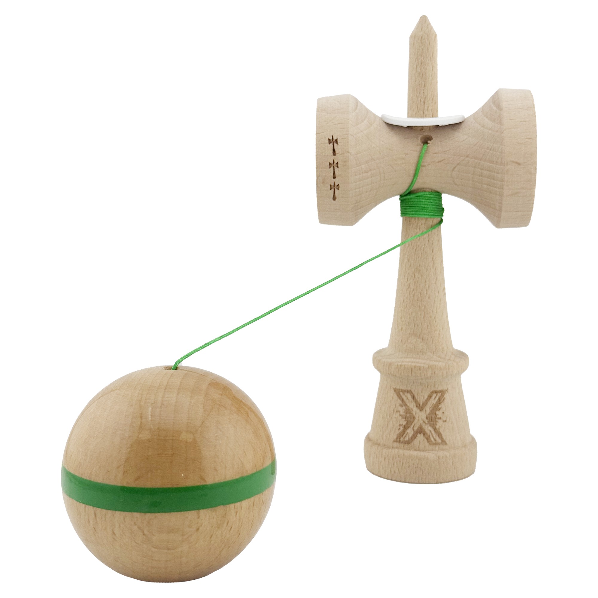 Kendama X Originala, Profesionala, Flippy, Super Sticky, Cupe Mari KING SIZE V3, Gaura in Baza, Rulment Metalic, din lemn 18 cm, Ata 55 cm, Original Verde