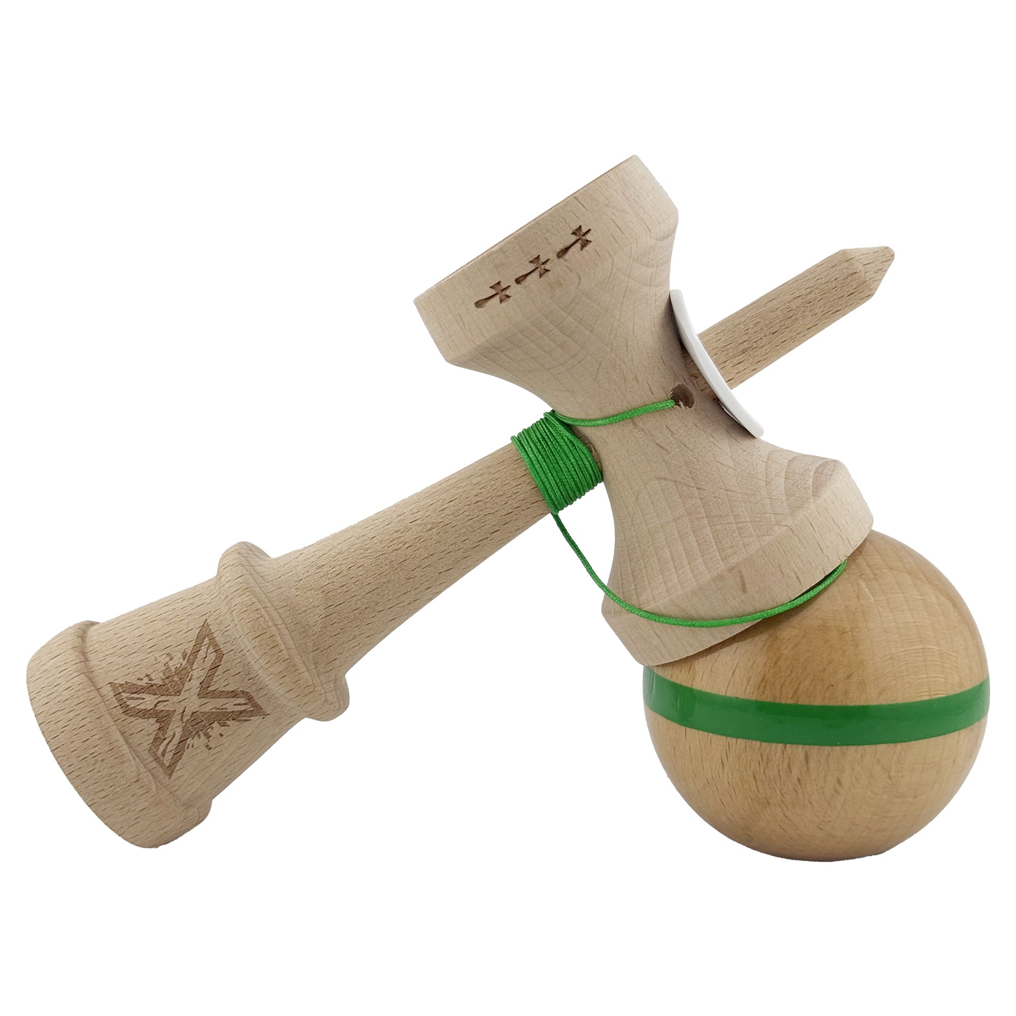 Kendama X Originala, Profesionala, Flippy, Super Sticky, Cupe Mari KING SIZE V3, Gaura in Baza, Rulment Metalic, din lemn 18 cm, Ata 55 cm, Original Verde
