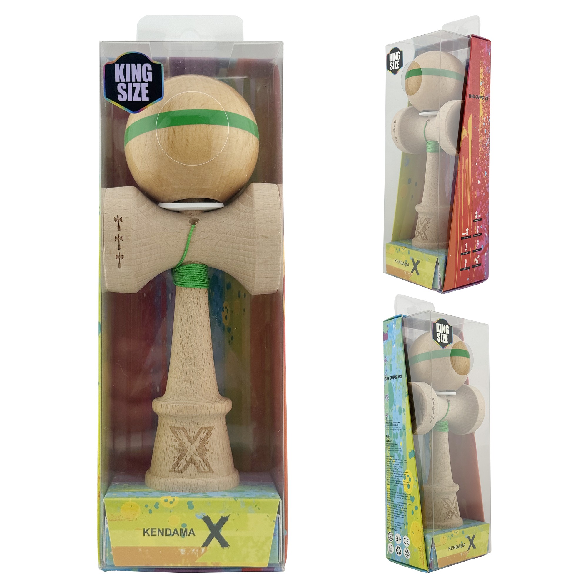 Kendama X Originala, Profesionala, Flippy, Super Sticky, Cupe Mari KING SIZE V3, Gaura in Baza, Rulment Metalic, din lemn 18 cm, Ata 55 cm, Original Verde