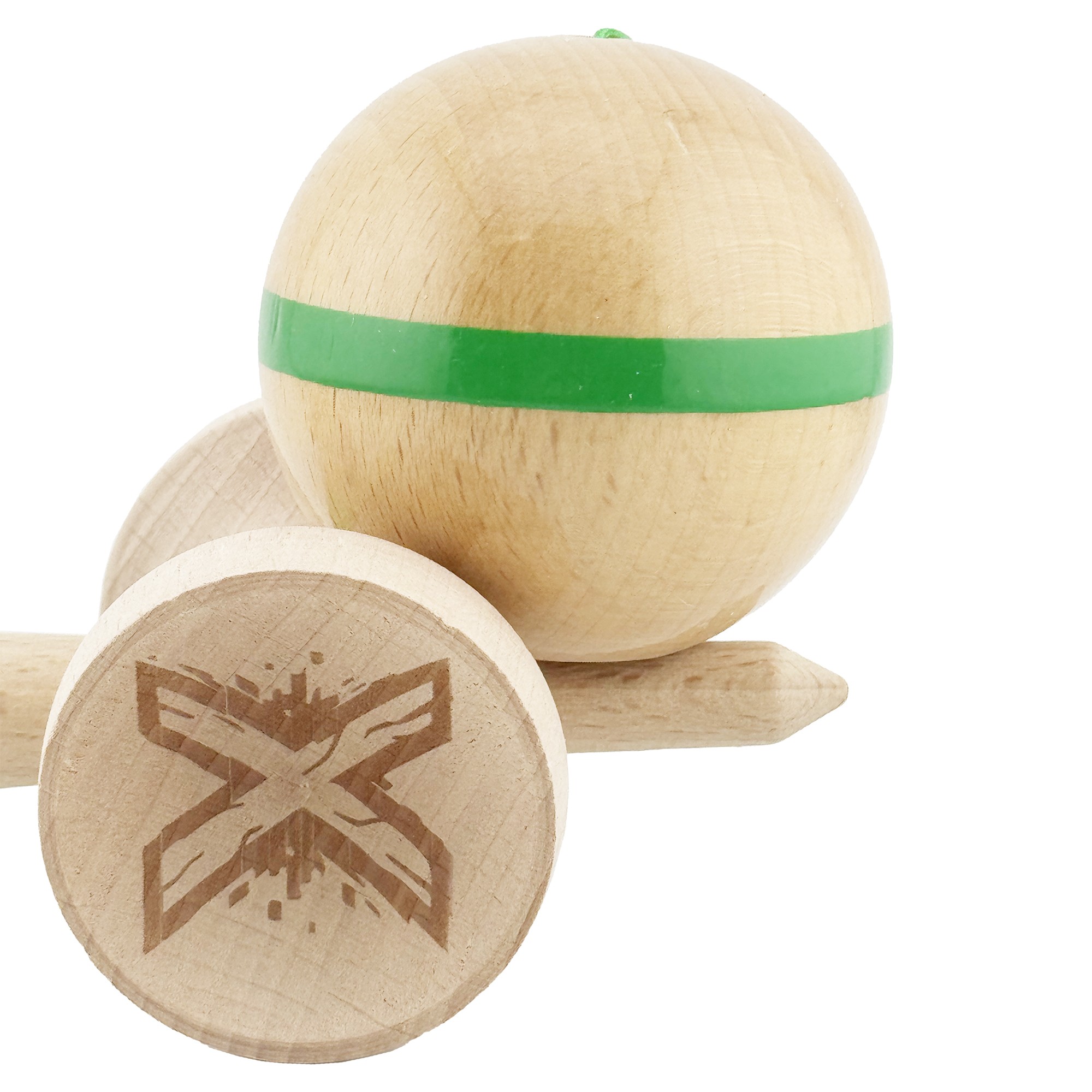 Kendama X Originala, Profesionala, Flippy, Super Sticky, Cupe Mari KING SIZE V3, Gaura in Baza, Rulment Metalic, din lemn 18 cm, Ata 55 cm, Original Verde
