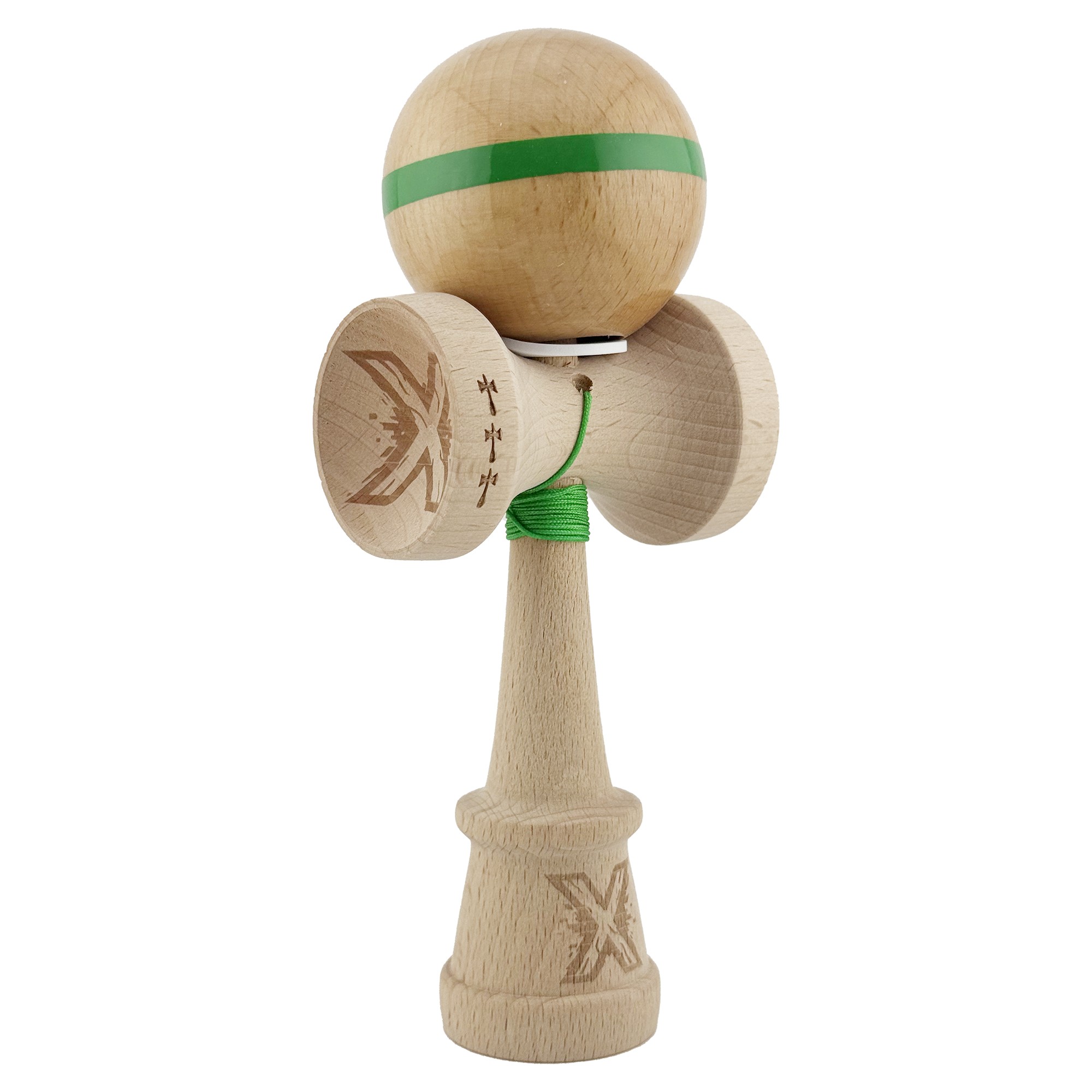Kendama X Originala, Profesionala, Flippy, Super Sticky, Cupe Mari KING SIZE V3, Gaura in Baza, Rulment Metalic, din lemn 18 cm, Ata 55 cm, Original Verde