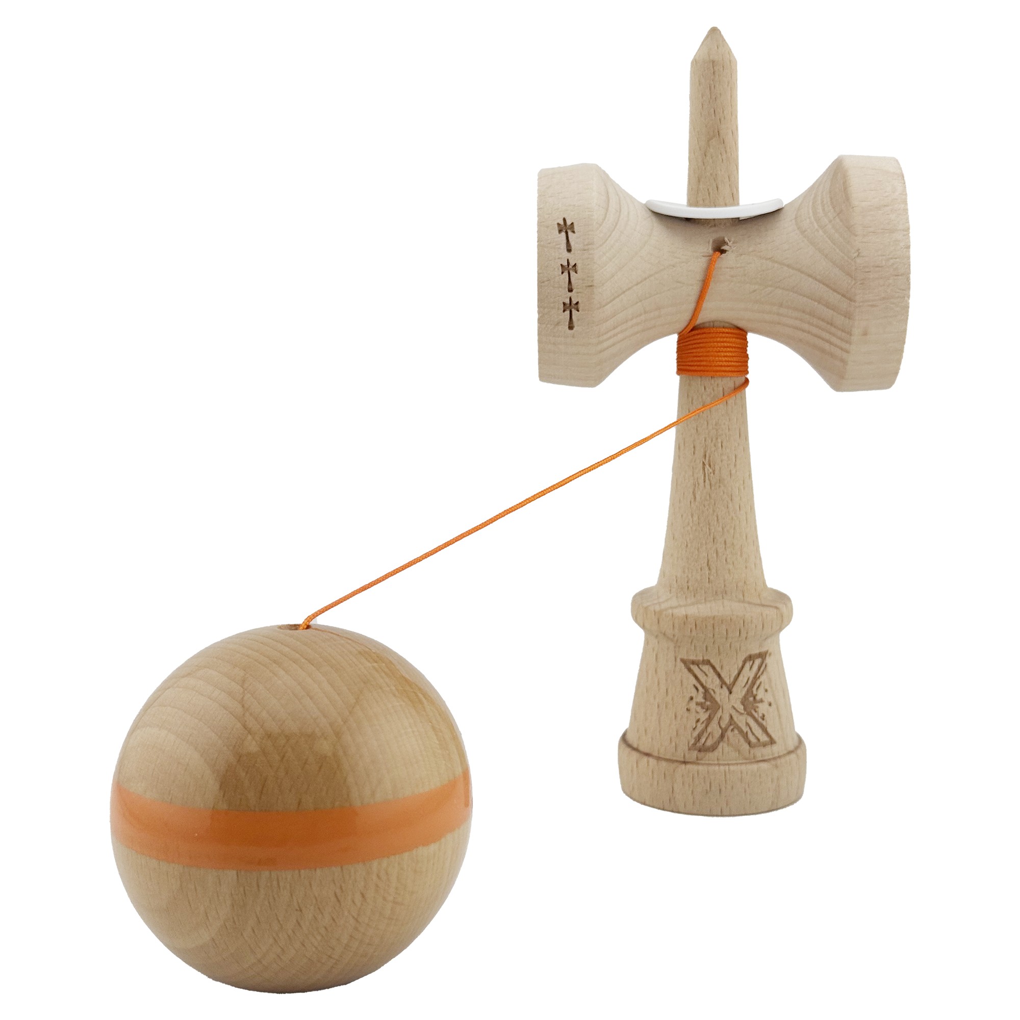 Kendama X Originala, Profesionala, Flippy, Super Sticky, Cupe Mari KING SIZE V3, Gaura in Baza, Rulment Metalic, din lemn 18 cm, Ata 55 cm, Original Portocaliu