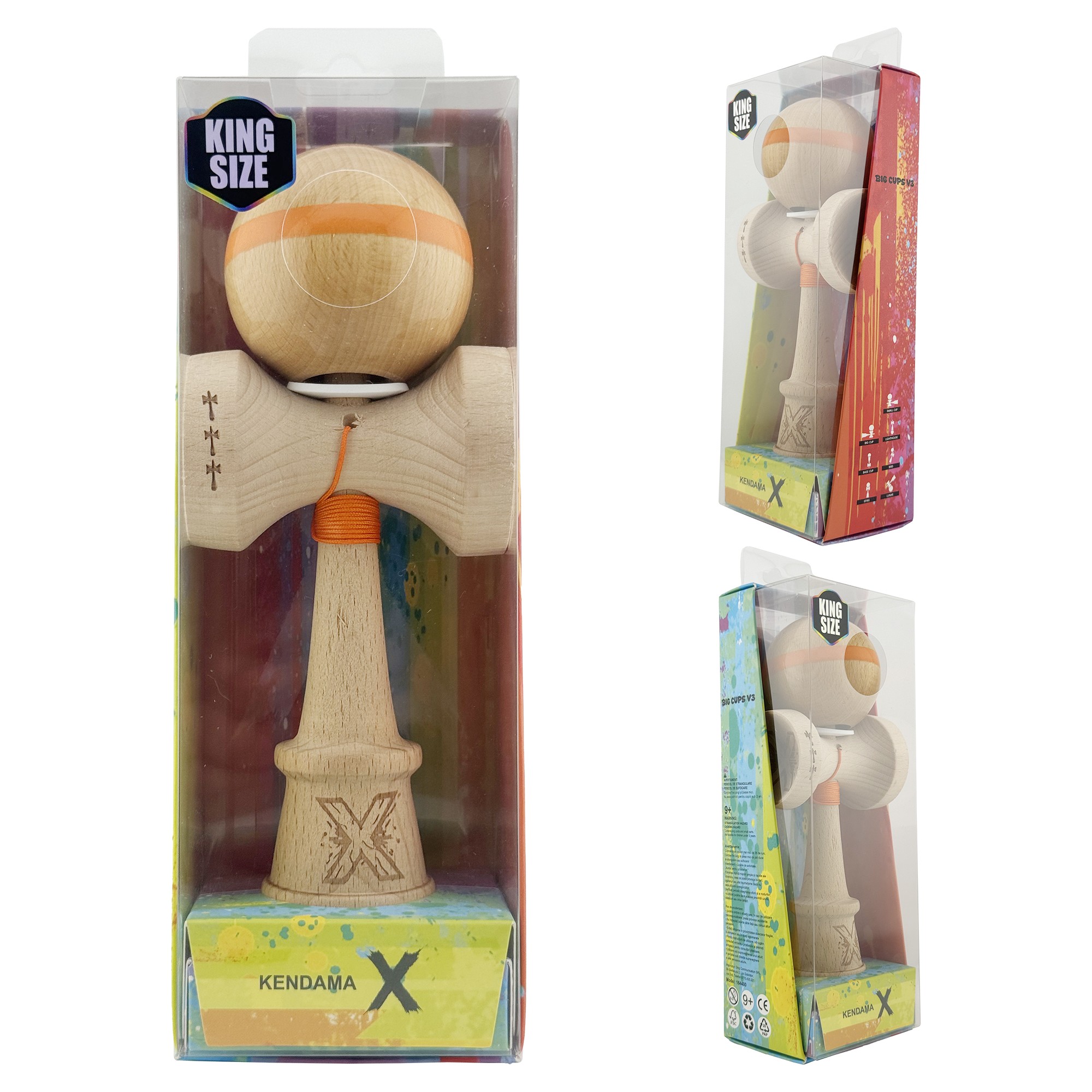Kendama X Originala, Profesionala, Flippy, Super Sticky, Cupe Mari KING SIZE V3, Gaura in Baza, Rulment Metalic, din lemn 18 cm, Ata 55 cm, Original Portocaliu