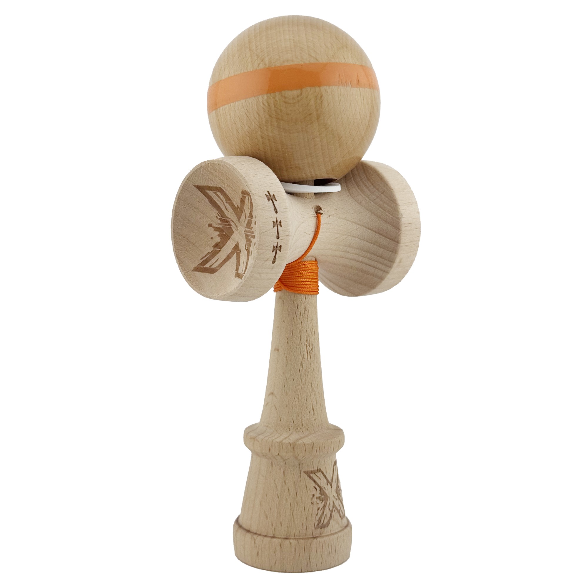 Kendama X Originala, Profesionala, Flippy, Super Sticky, Cupe Mari KING SIZE V3, Gaura in Baza, Rulment Metalic, din lemn 18 cm, Ata 55 cm, Original Portocaliu