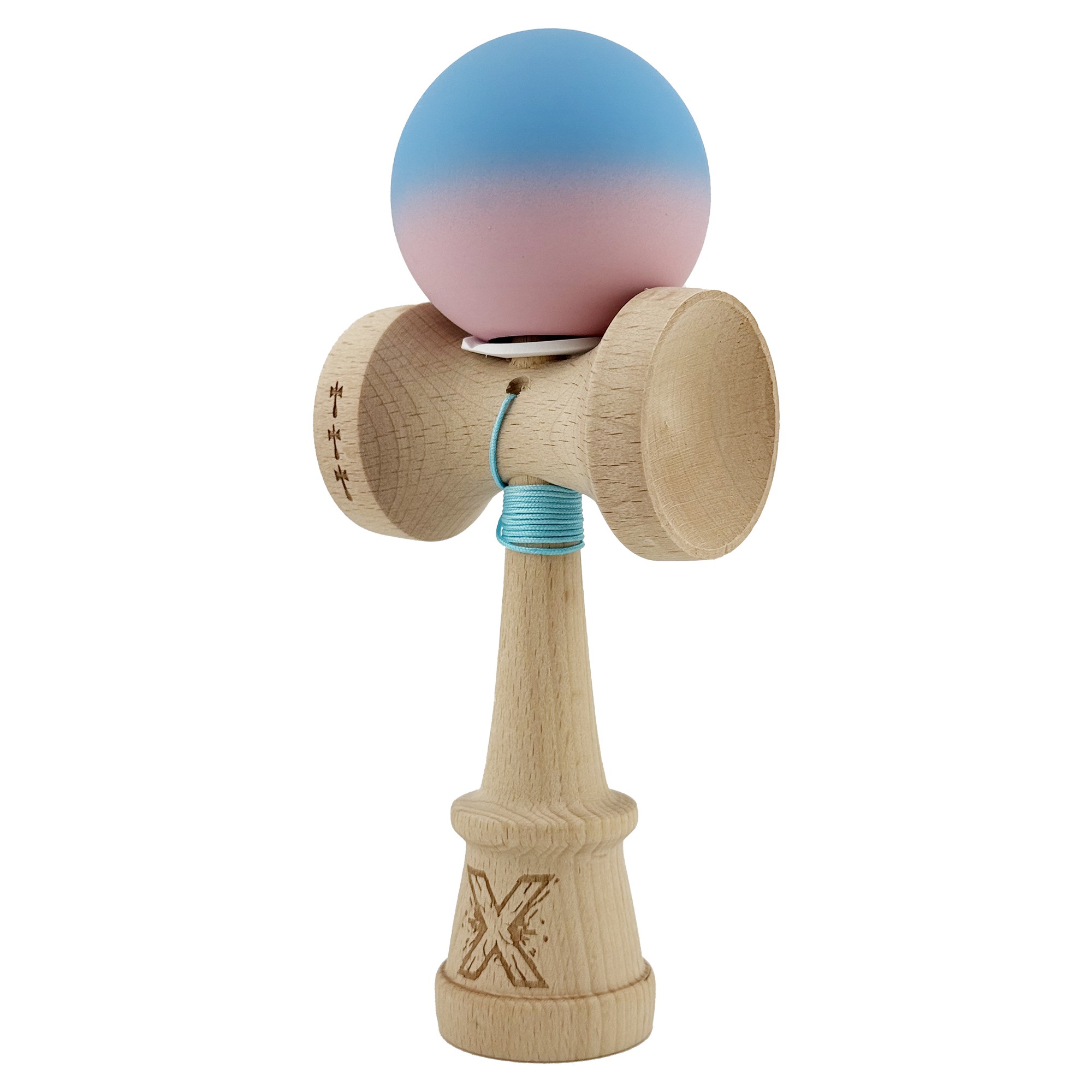 Kendama X Originala, Profesionala, Flippy, Rubber Grip, Cupe Mari KING SIZE V3, Gaura in Baza, Rulment Metalic, din lemn 18 cm, Ata 62/65 cm, Gradient Albastru/Roz