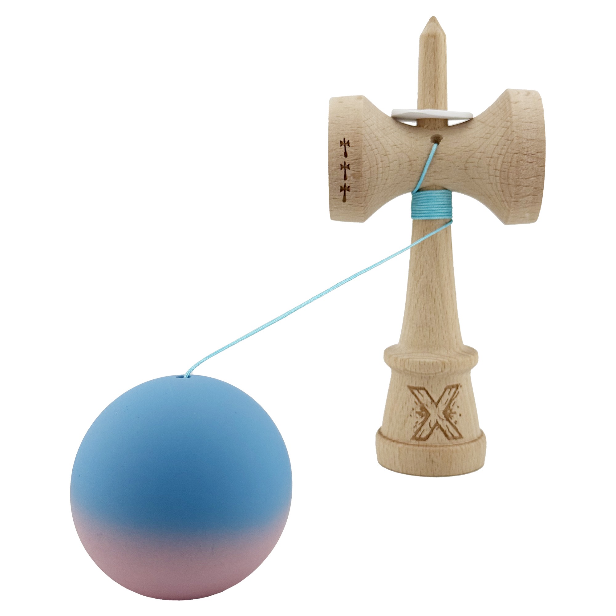Kendama X Originala, Profesionala, Flippy, Rubber Grip, Cupe Mari KING SIZE V3, Gaura in Baza, Rulment Metalic, din lemn 18 cm, Ata 62/65 cm, Gradient Albastru/Roz