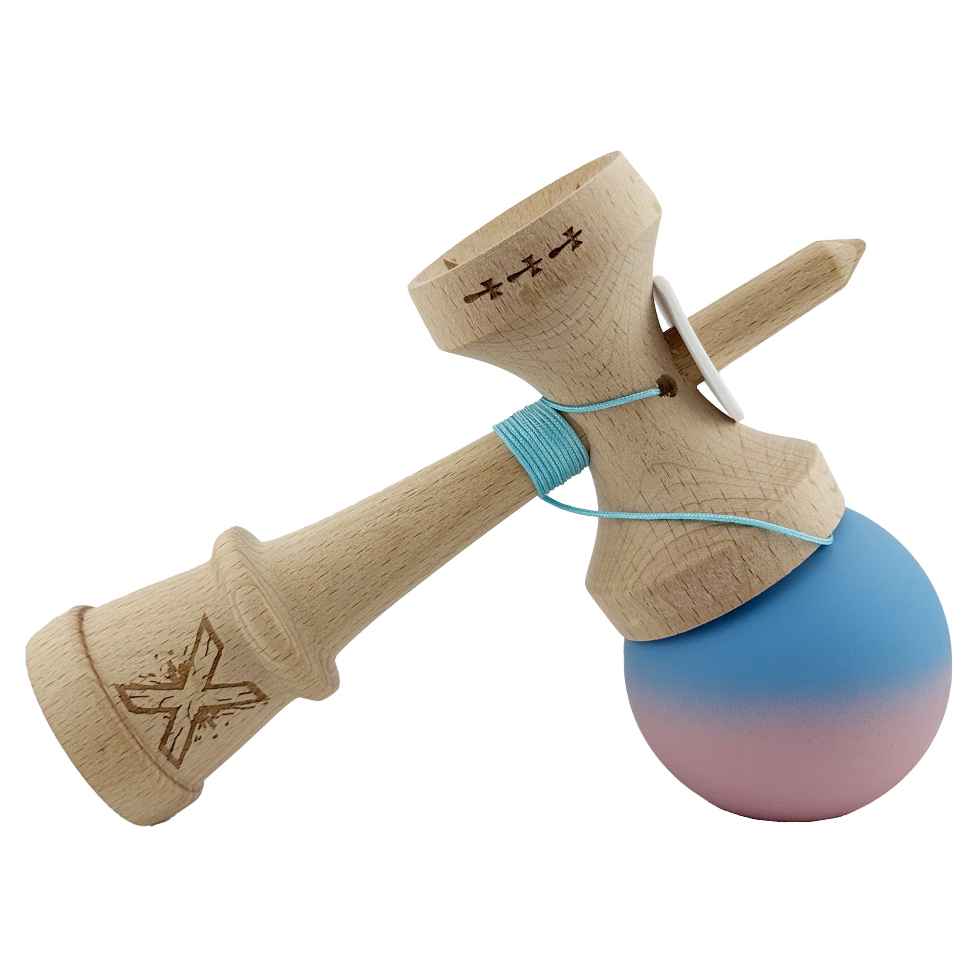 Kendama X Originala, Profesionala, Flippy, Rubber Grip, Cupe Mari KING SIZE V3, Gaura in Baza, Rulment Metalic, din lemn 18 cm, Ata 62/65 cm, Gradient Albastru/Roz
