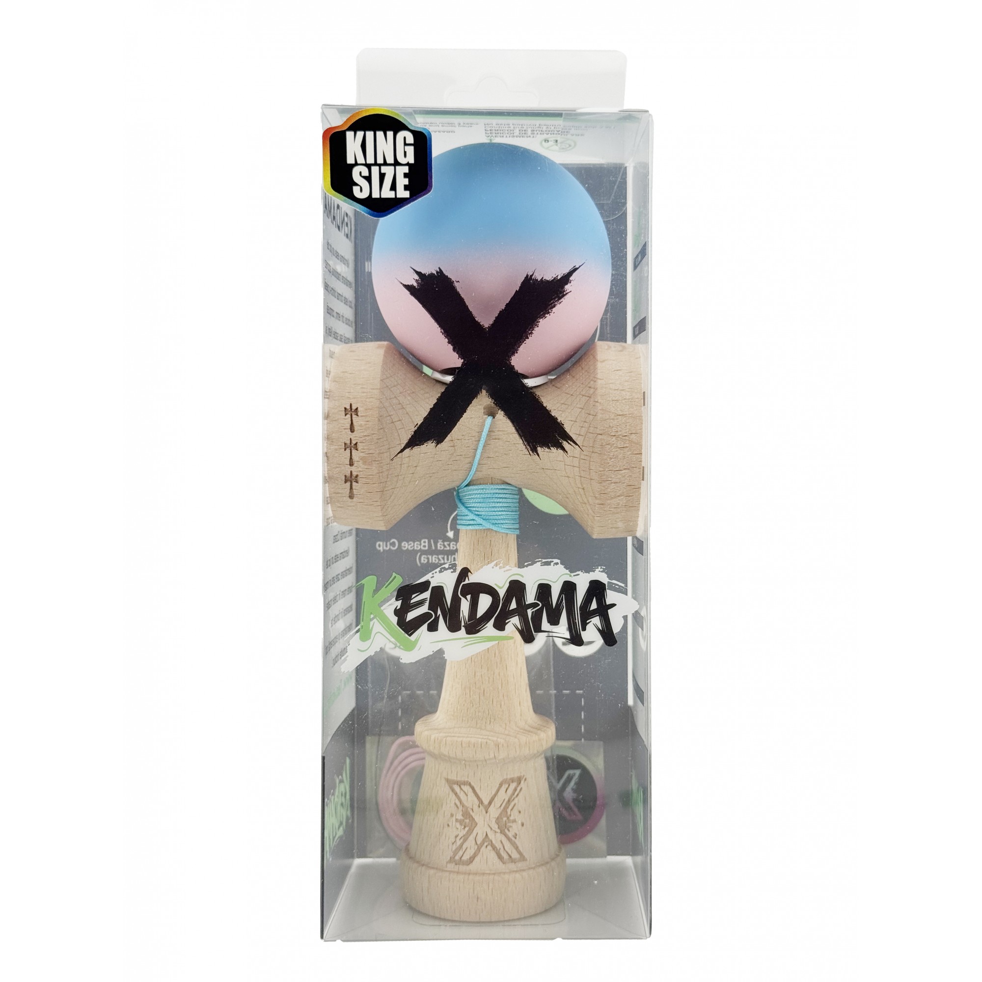 Kendama X Originala, Profesionala, Flippy, Rubber Grip, Cupe Mari KING SIZE V3, Gaura in Baza, Rulment Metalic, din lemn 18 cm, Ata 62/65 cm, Gradient Albastru/Roz