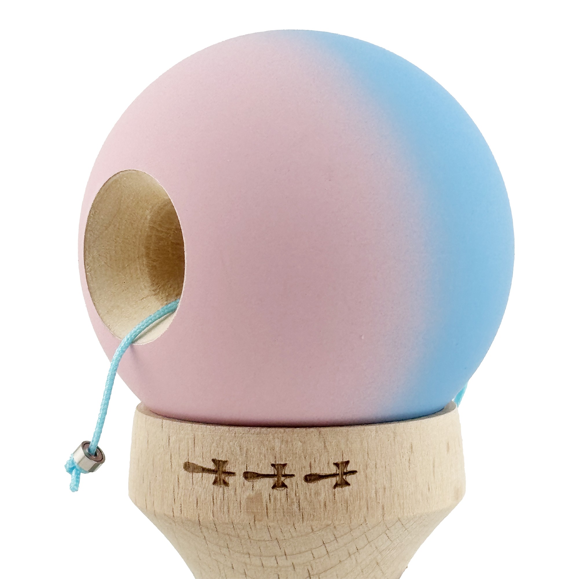 Kendama X Originala, Profesionala, Flippy, Rubber Grip, Cupe Mari KING SIZE V3, Gaura in Baza, Rulment Metalic, din lemn 18 cm, Ata 62/65 cm, Gradient Albastru/Roz