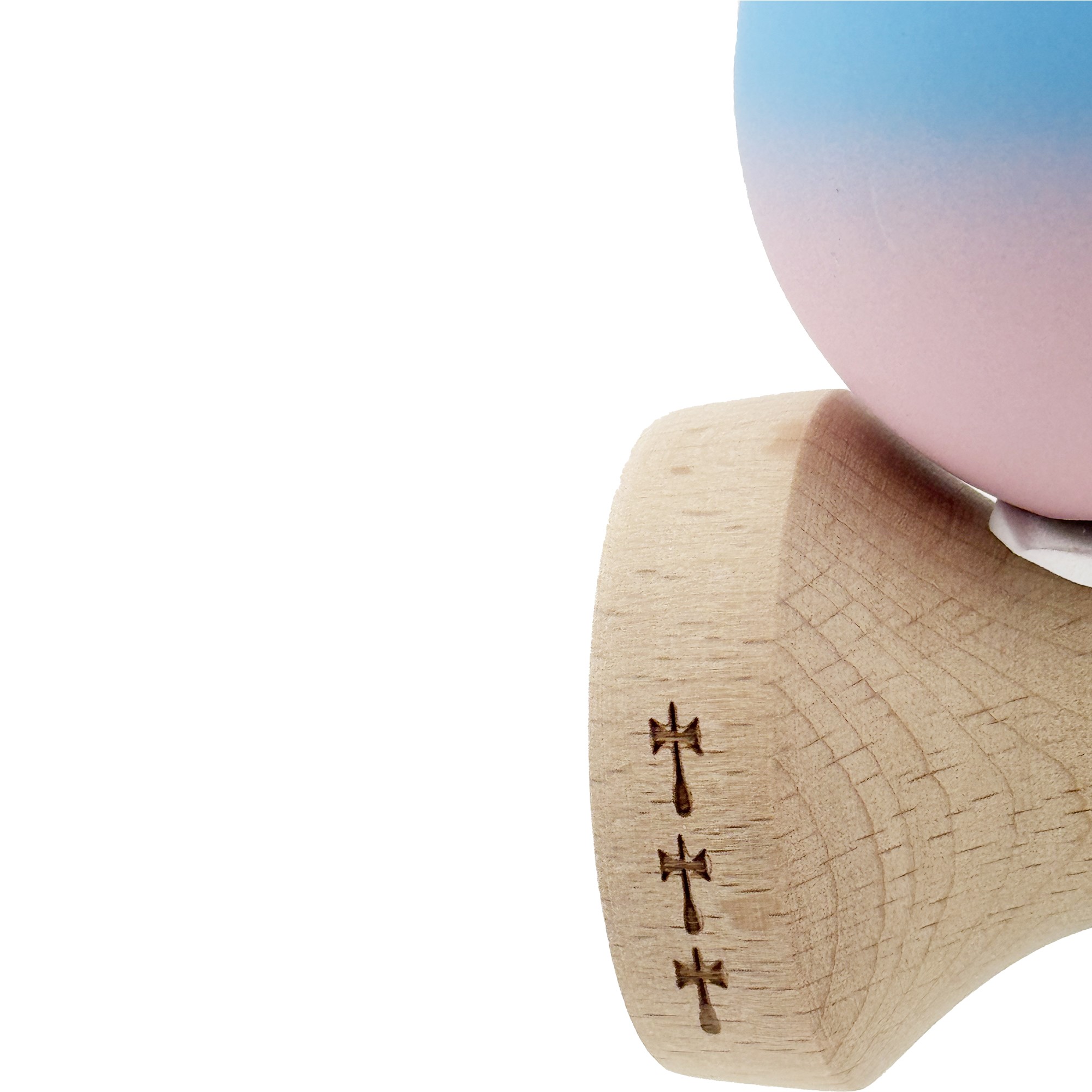 Kendama X Originala, Profesionala, Flippy, Rubber Grip, Cupe Mari KING SIZE V3, Gaura in Baza, Rulment Metalic, din lemn 18 cm, Ata 62/65 cm, Gradient Albastru/Roz