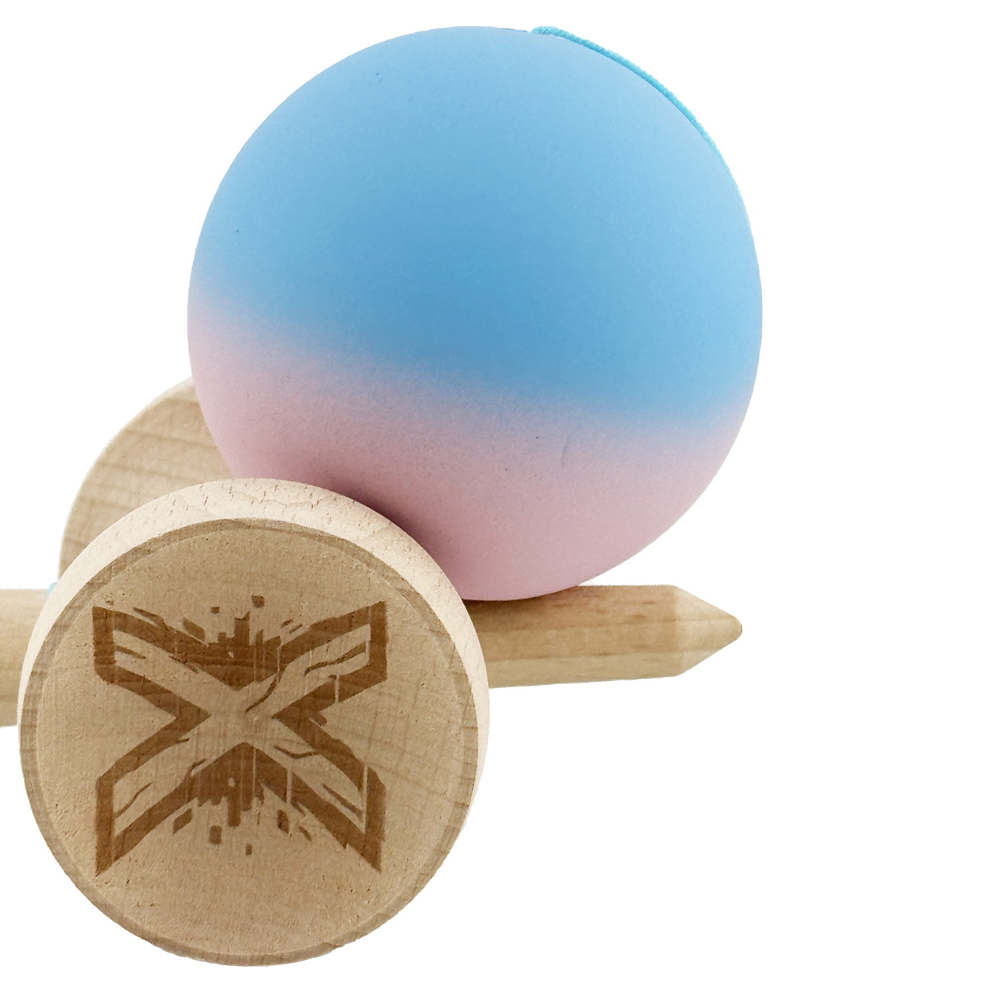 Kendama X Originala, Profesionala, Flippy, Rubber Grip, Cupe Mari KING SIZE V3, Gaura in Baza, Rulment Metalic, din lemn 18 cm, Ata 62/65 cm, Gradient Albastru/Roz
