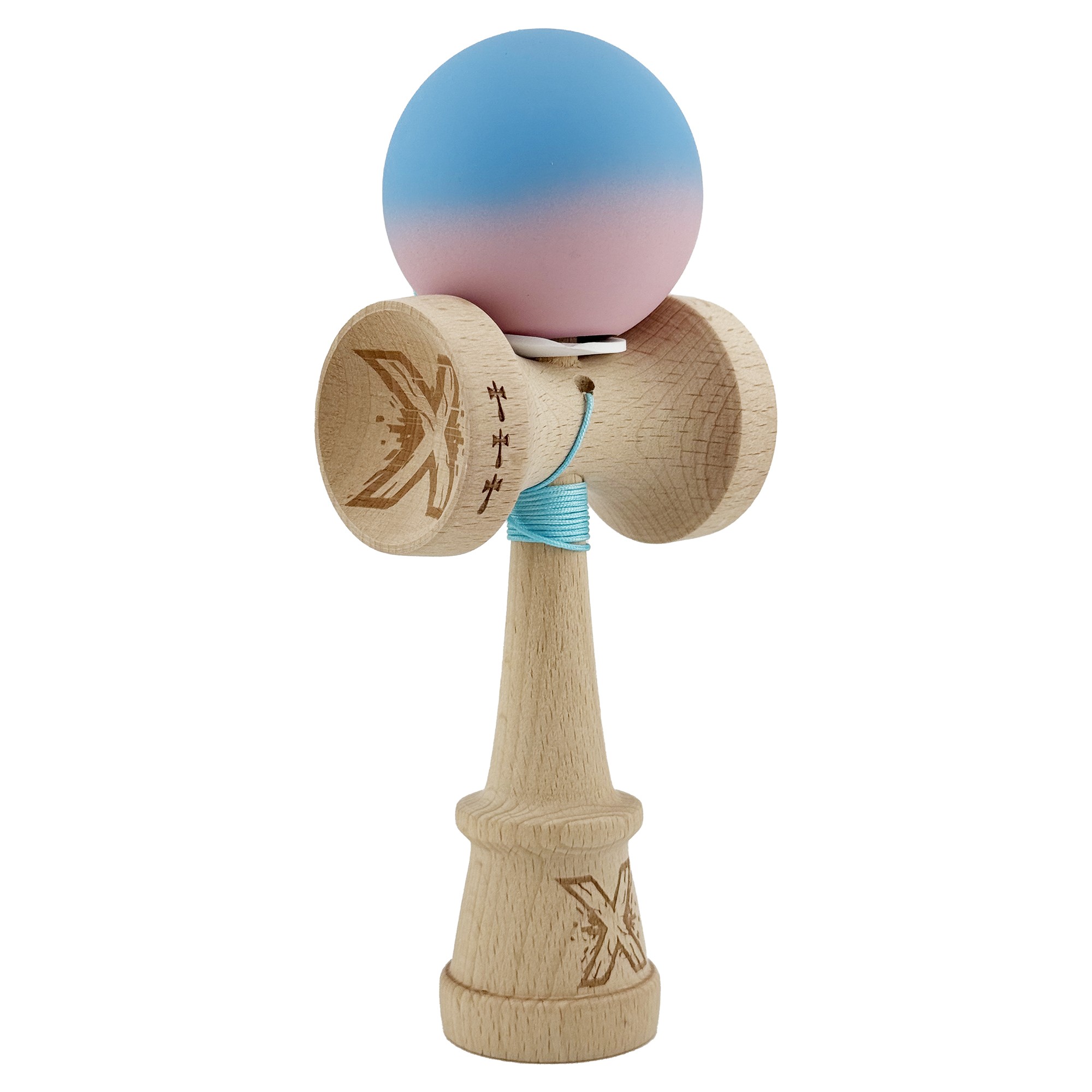 Kendama X Originala, Profesionala, Flippy, Rubber Grip, Cupe Mari KING SIZE V3, Gaura in Baza, Rulment Metalic, din lemn 18 cm, Ata 62/65 cm, Gradient Albastru/Roz