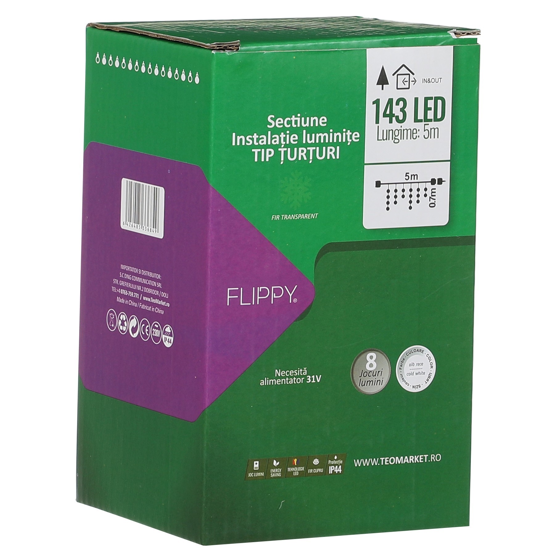 Instalatie Solara Craciun Turturi, IP44, 5 m, 143 Led-uri, Perdea Franjurata, Alb rece, 8 jocuri de lumini, cu Telecomanda, 31V, 250 mAh, Acumulator de 1200 mAh, Exterior, Prelungitor 3 m inclus, Fir Transparent, Flippy