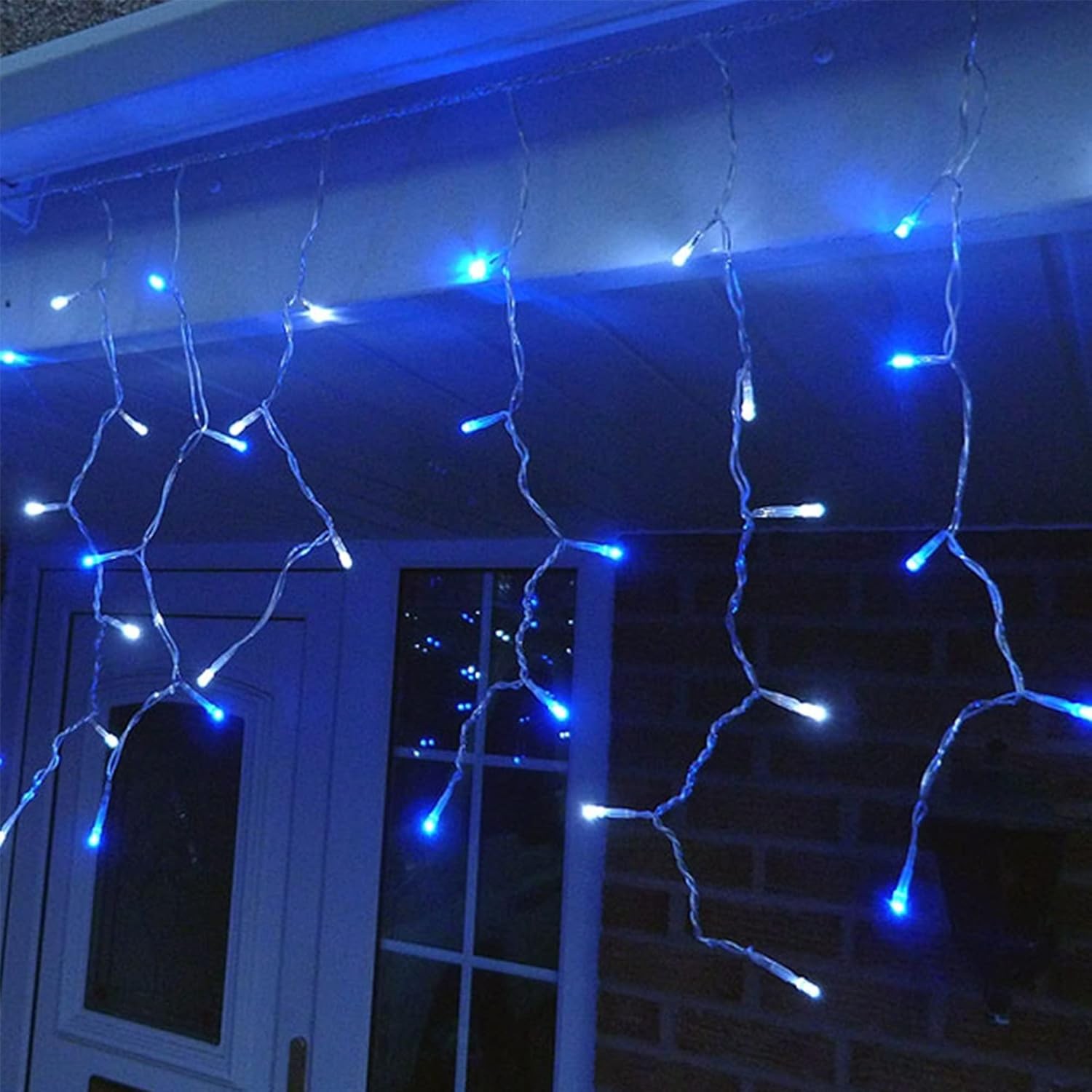 Instalatie Solara Craciun Turturi, IP44, 5 m, 143 Led-uri, Perdea Franjurata, Albastru, 8 jocuri de lumini, cu Telecomanda, 31V, 250 mAh, Acumulator de 1200 mAh, Exterior, Prelungitor 3 m inclus, Fir Transparent, Flippy