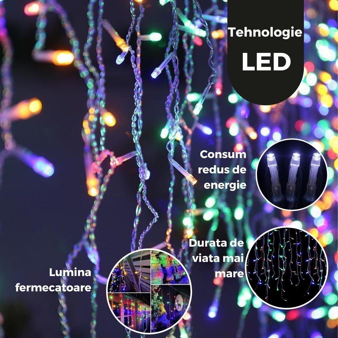 Instalatie Solara Craciun Turturi, IP44, 5 m, 143 Led-uri, Perdea Franjurata, RB-RG, 8 jocuri de lumini, cu Telecomanda, 31V, 500 mAh, Acumulator de 2400 mAh, Exterior, Prelungitor 5 m inclus, Fir Transparent, Flippy